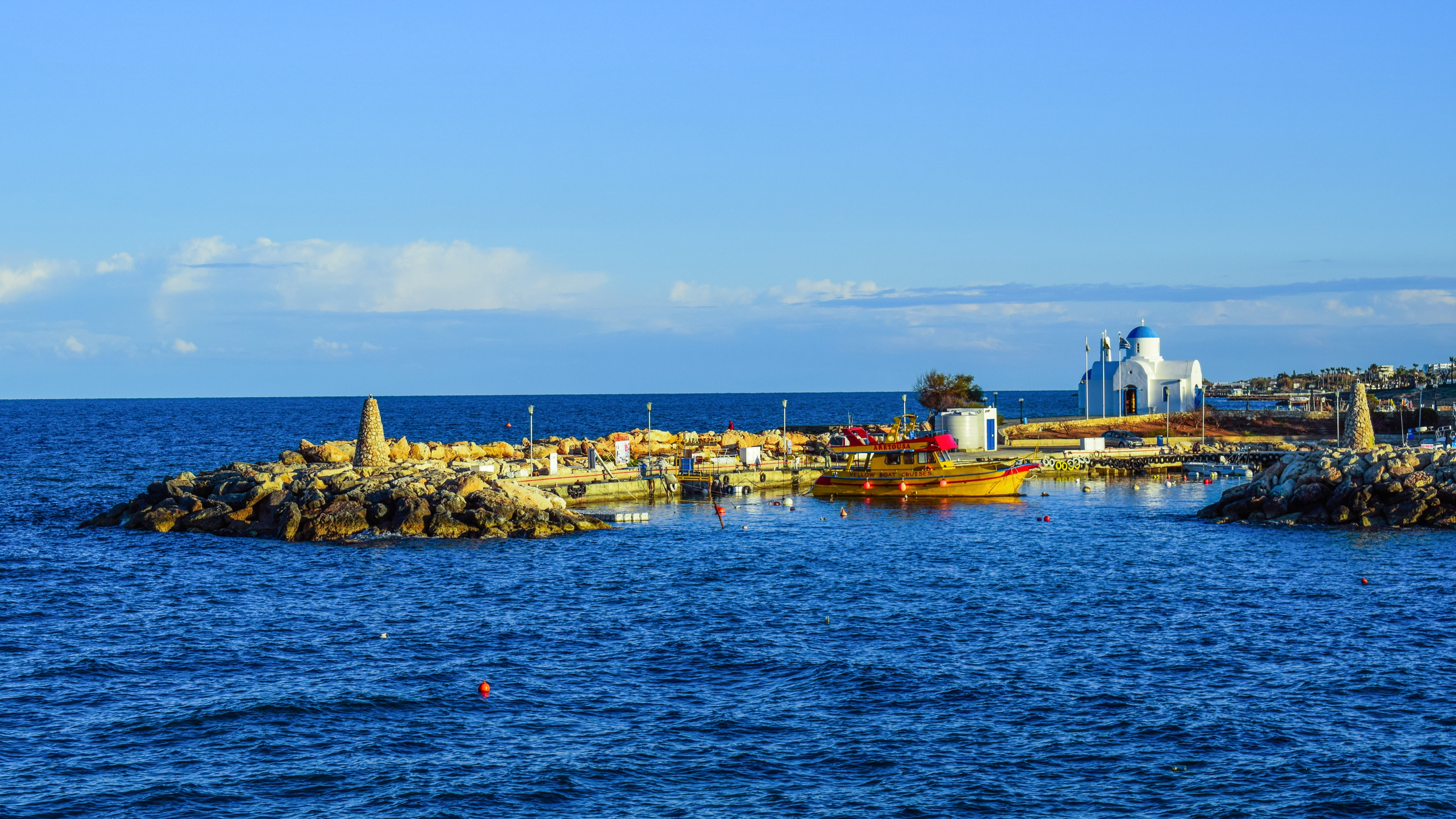 blue, outdoors, scenics - nature, fishing shelter, horizon, nature, 5K, harbor, water, day, nautical vessel, mediterranean, built structure, cyprus, mode of transportation, HD Wallpaper