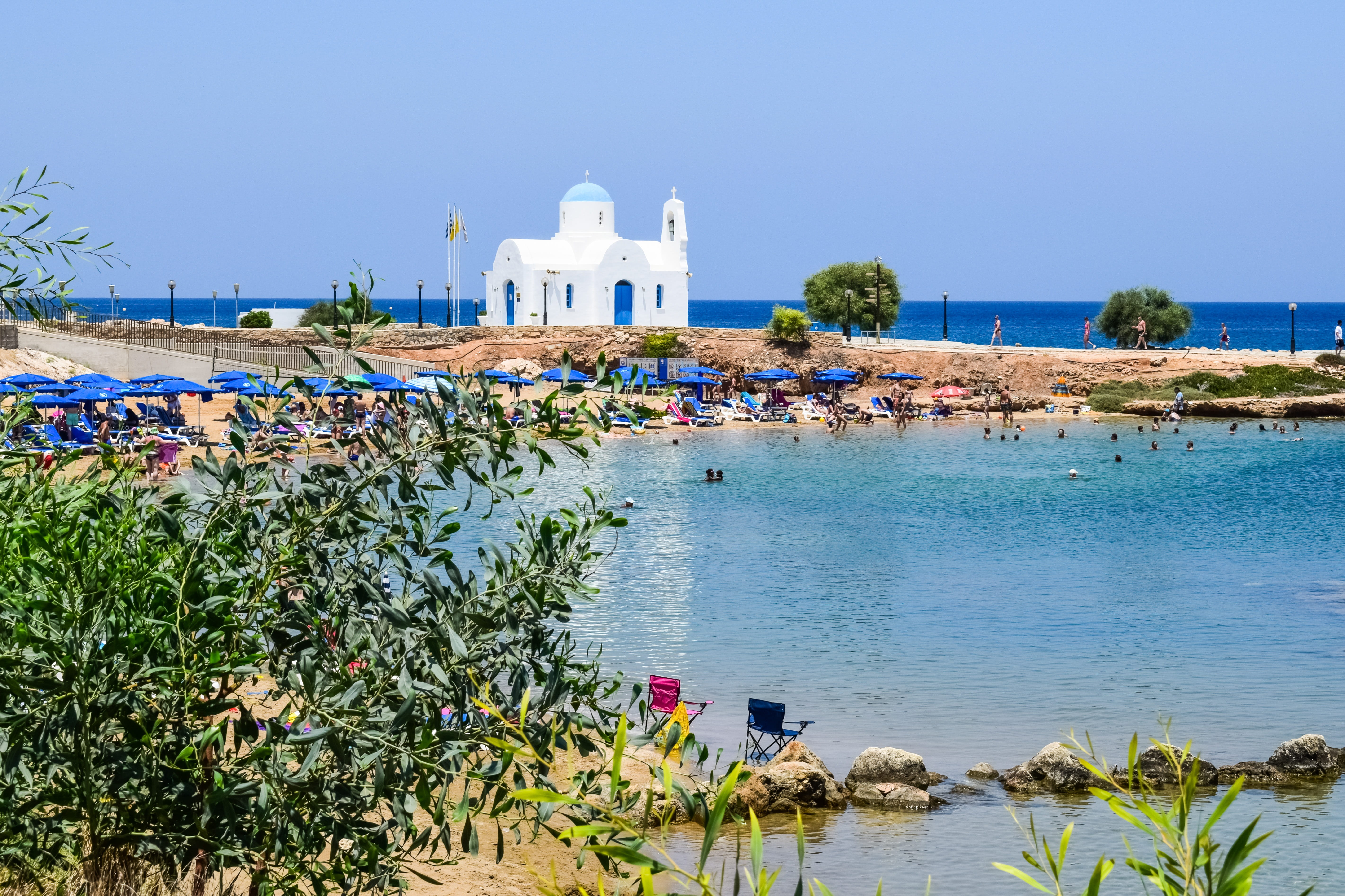 blue, resort, built structure, building exterior, belief, Mediterranean, incidental people, beach, sea, Resort, summer, 5K, tourism, protaras, church, HD Wallpaper