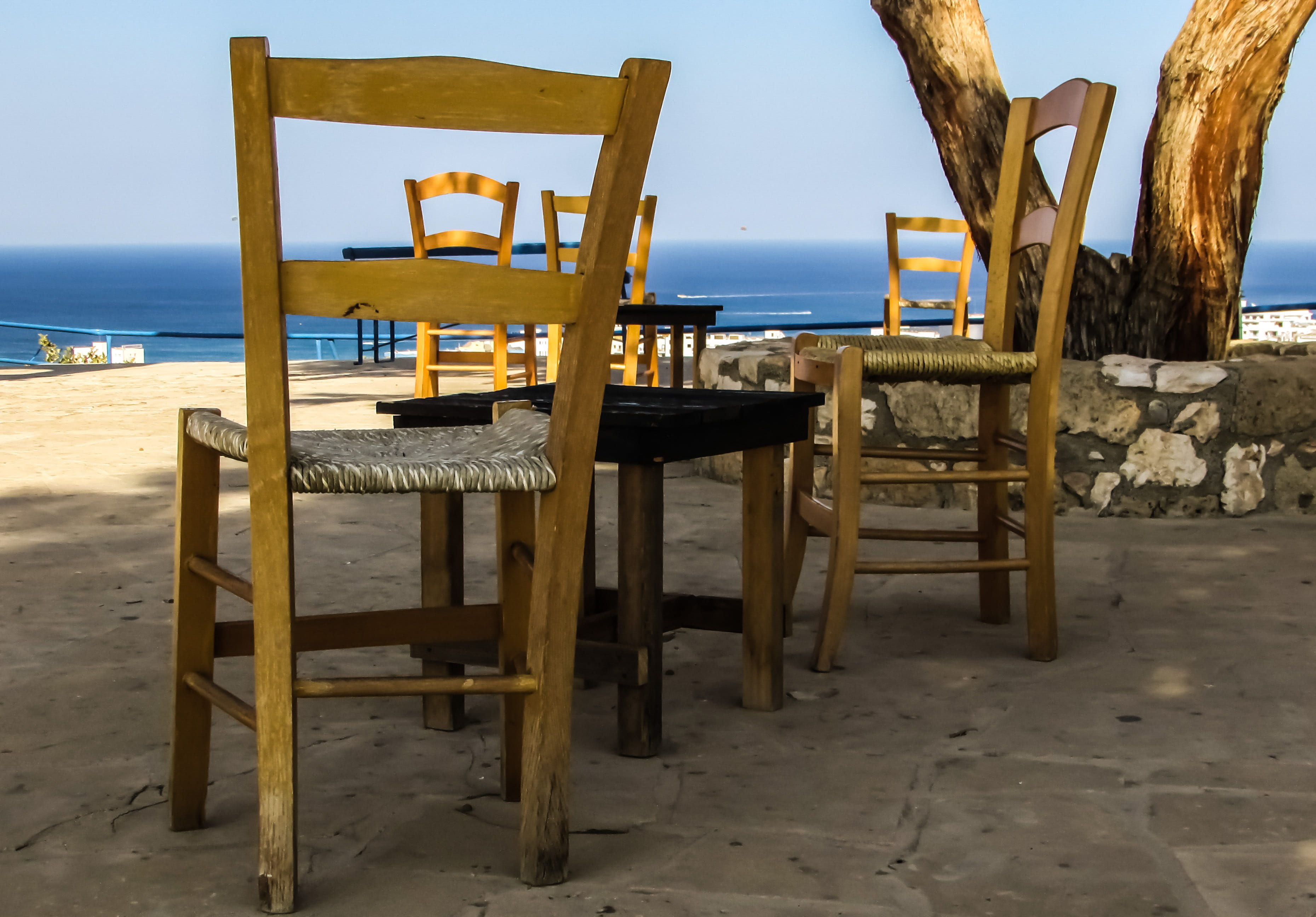 horizon over water, chairs, chair, protaras, prophet elias, seat, empty, canteen, sea, nature, sand, outdoors, tranquility, square, table, 2K, beauty in nature, HD Wallpaper