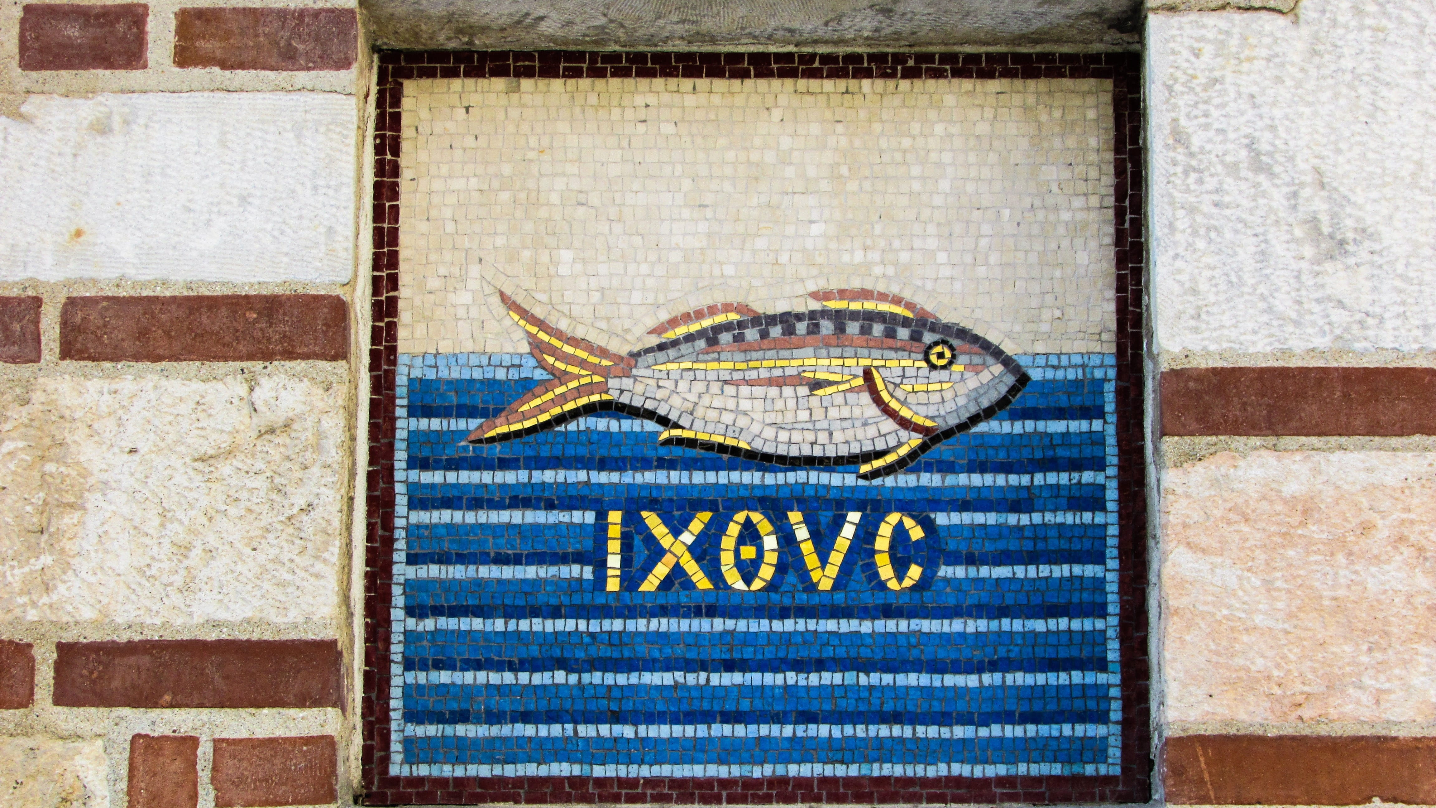 exterior, Ayios Nikolaos, sign, day, text, 4K, flooring, communication, blue, brick wall, Greece, architecture, western script, close-up, Cathedral, mosaic, HD Wallpaper