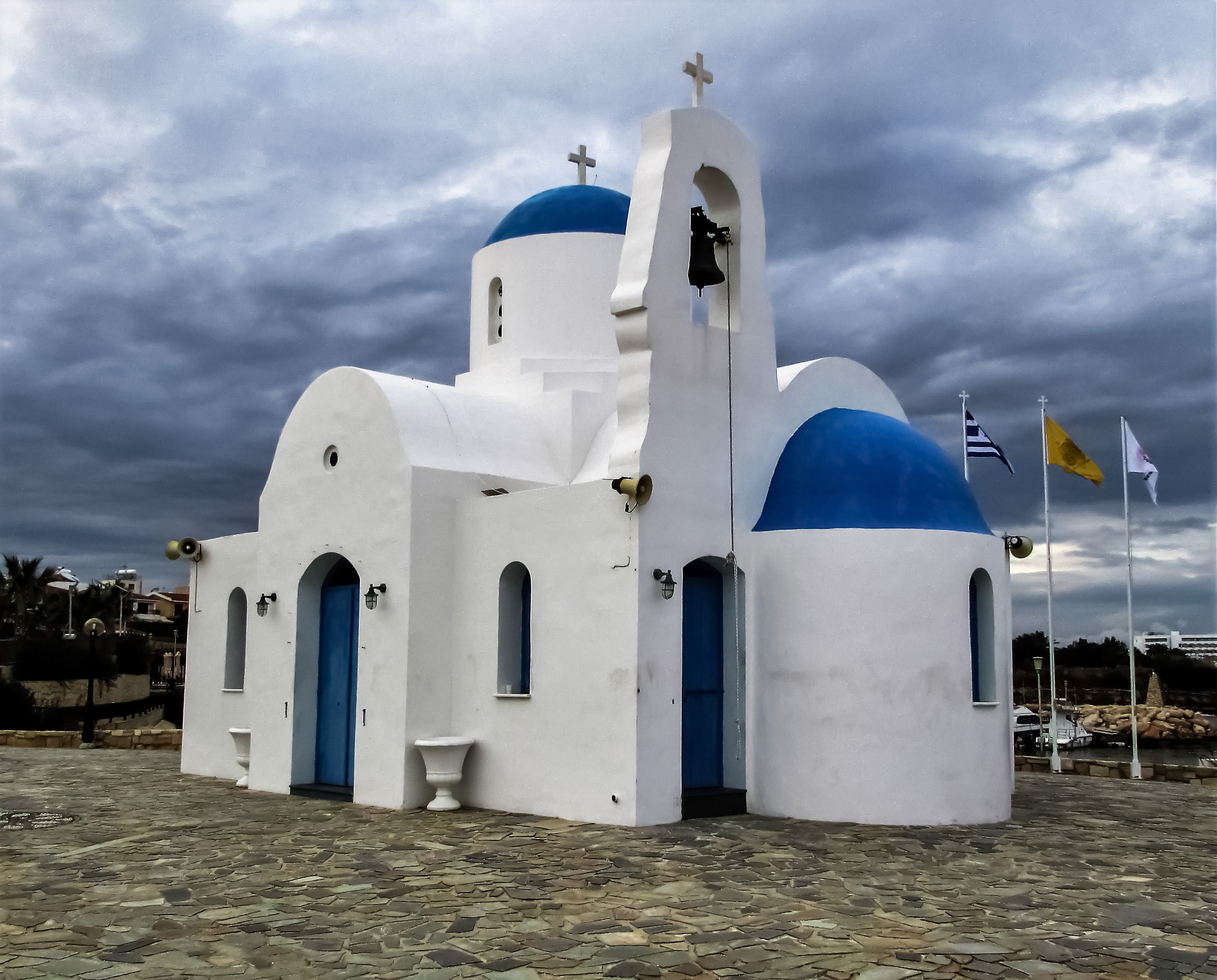 cultures, sea, place of worship, blue, sky, building exterior, built structure, architecture, building, island, cyprus, orthodox, christianity, 2K, white color, HD Wallpaper