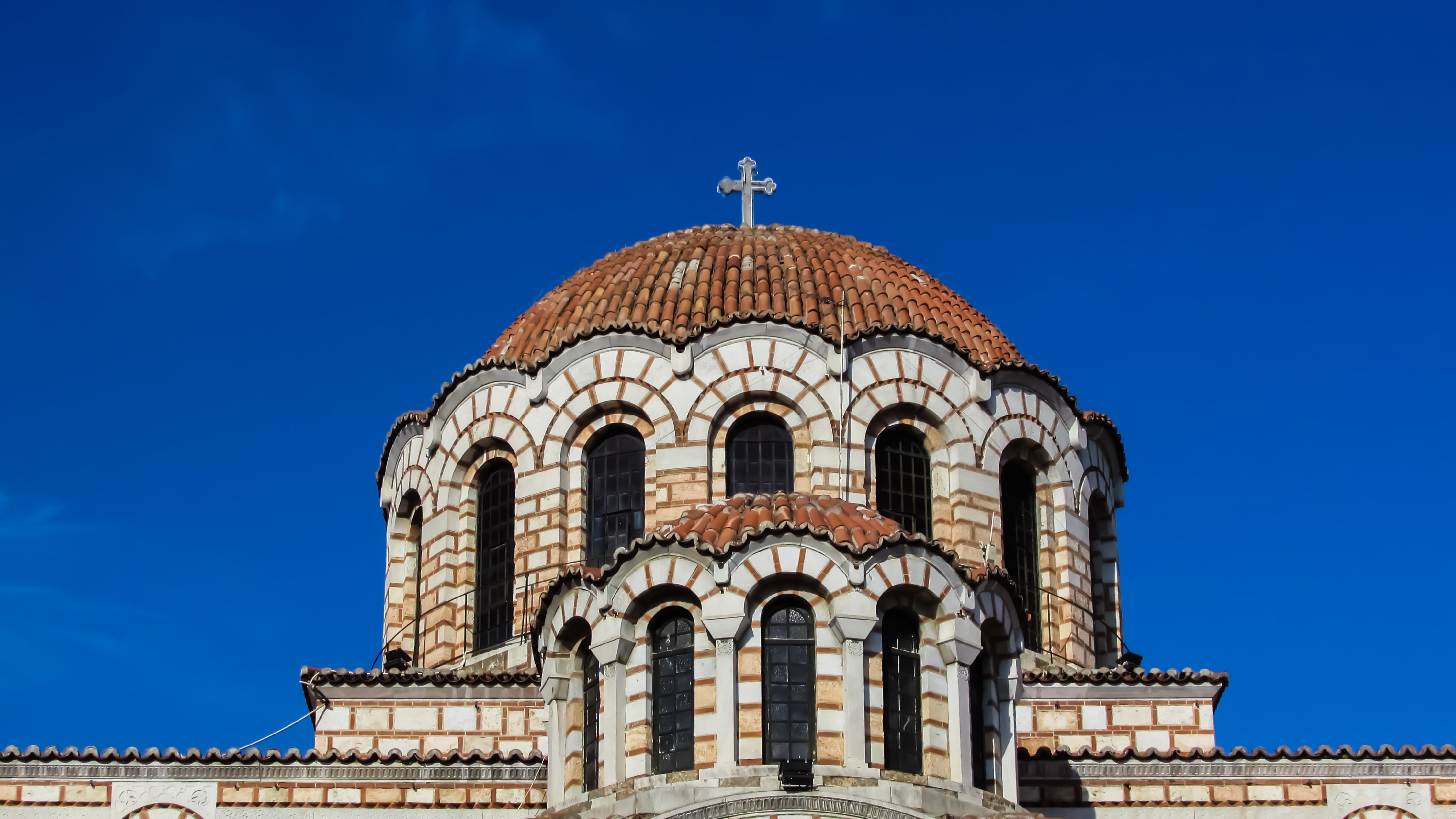 4K, travel, clear sky, Greece, architecture, outdoors, travel destinations, built structure, dome, history, sky, Ayios Nikolaos, spirituality, place of worship, HD Wallpaper