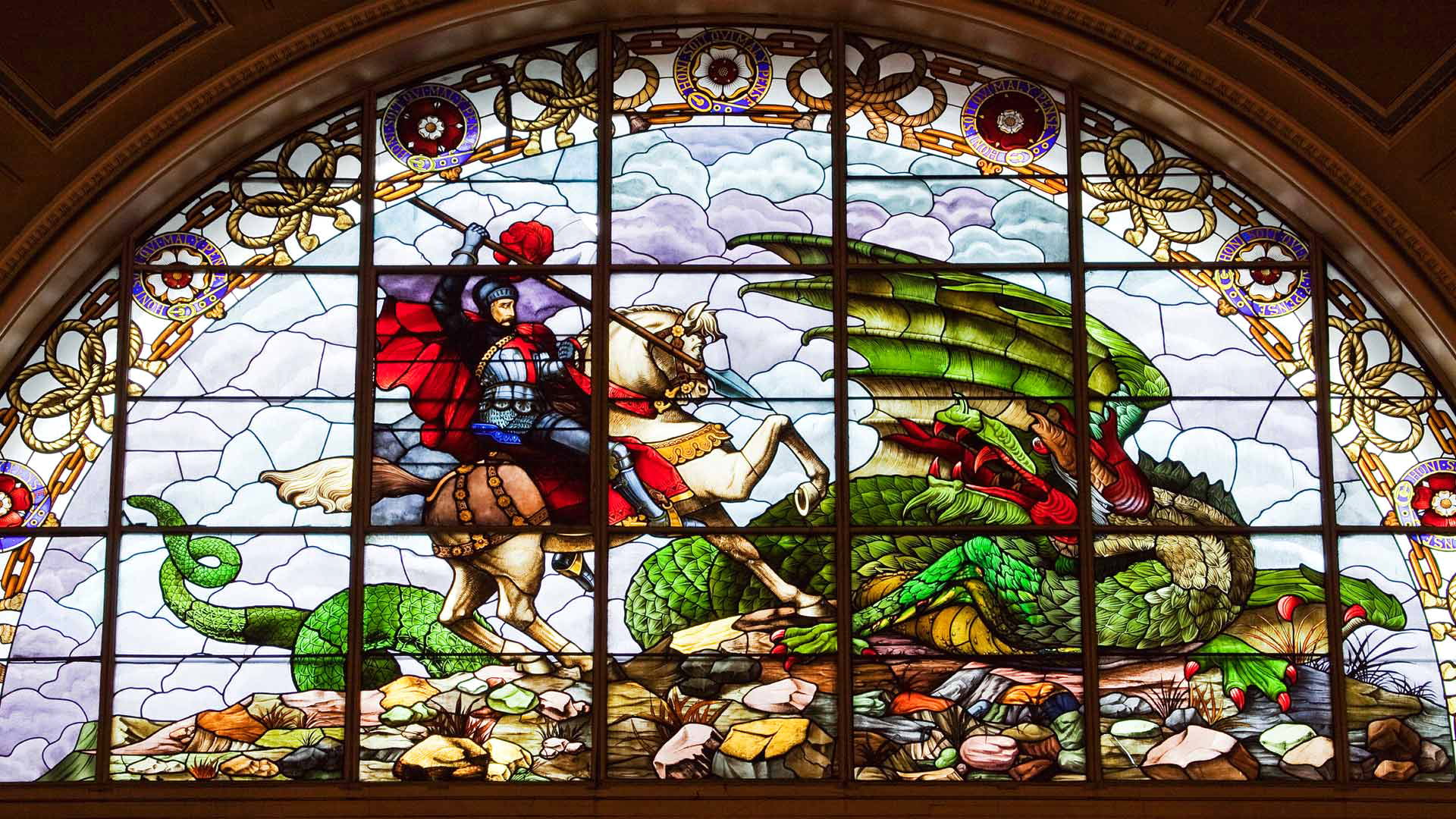 St Georges hall, St. George, England, dragon, stained glass, 1080P, Liverpool, HD Wallpaper