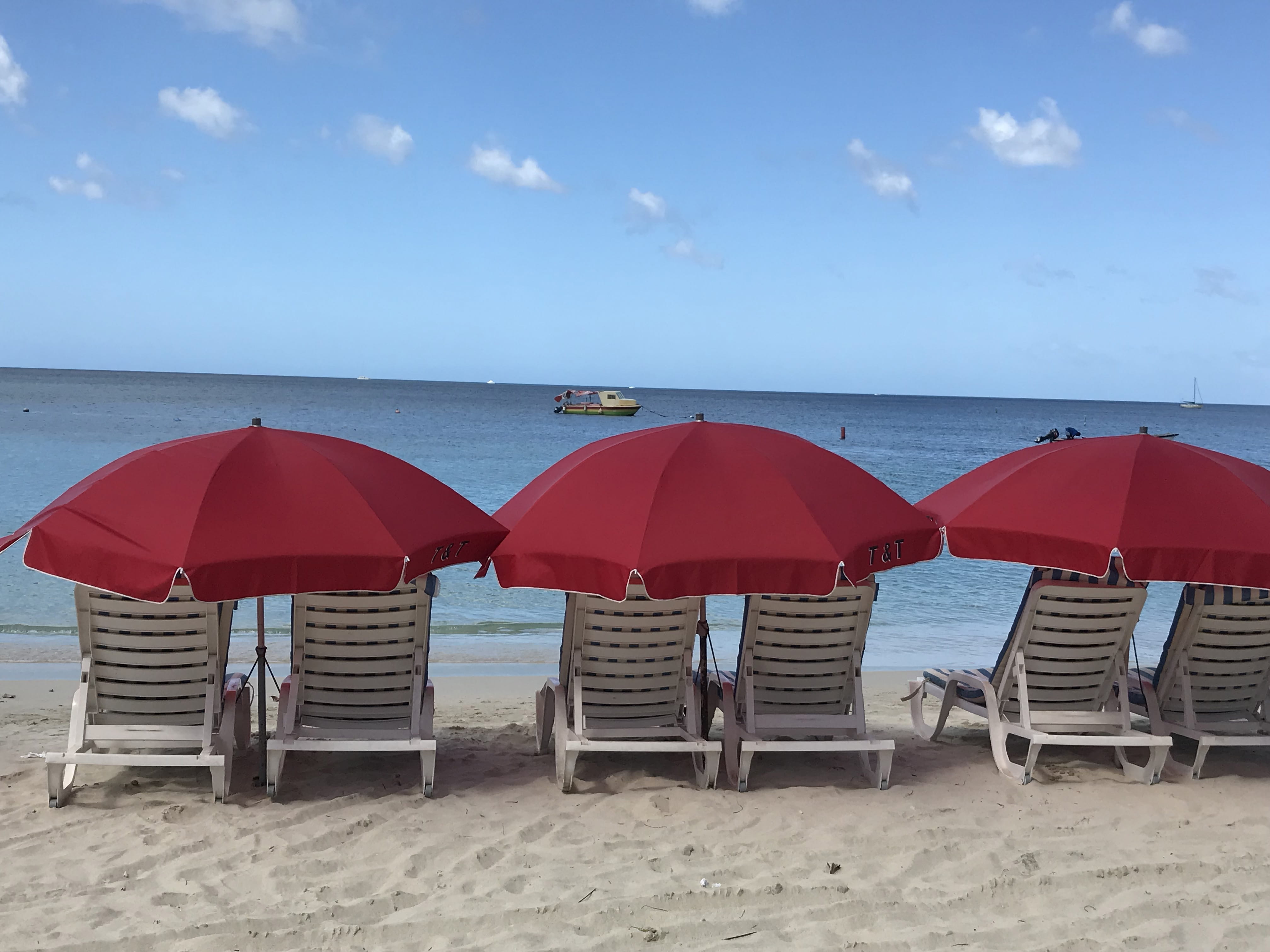 beach chairs, nature, shade, seat, beach view, st. george grenada, sand, beach life, island, horizon, red umbellras, land, cloud - sky, sky, island life, HD Wallpaper