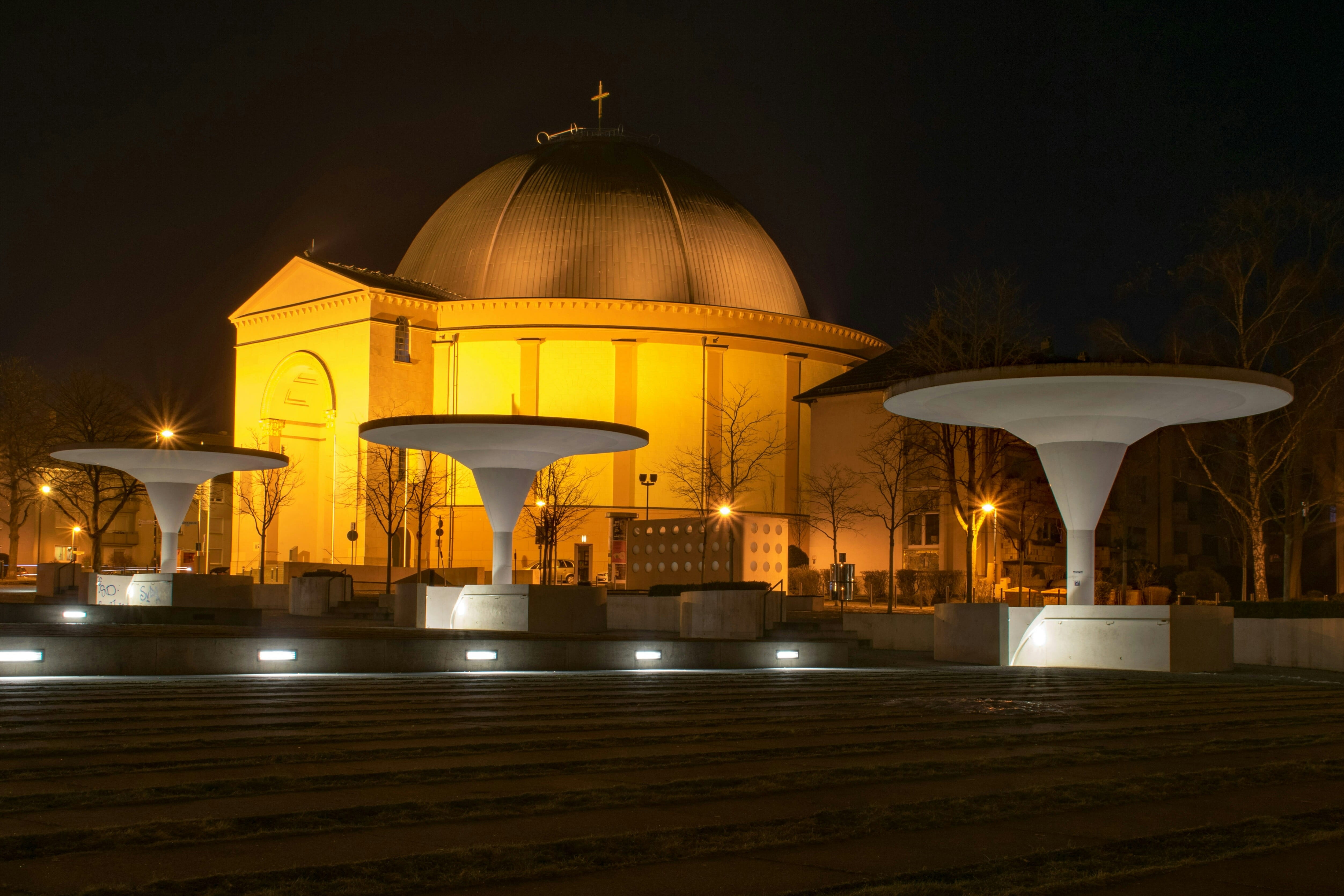 4K, georg büchner space, Hesse, spirituality, church, belief, built structure, architecture, no people, travel destinations, illuminated, night, faith, HD Wallpaper