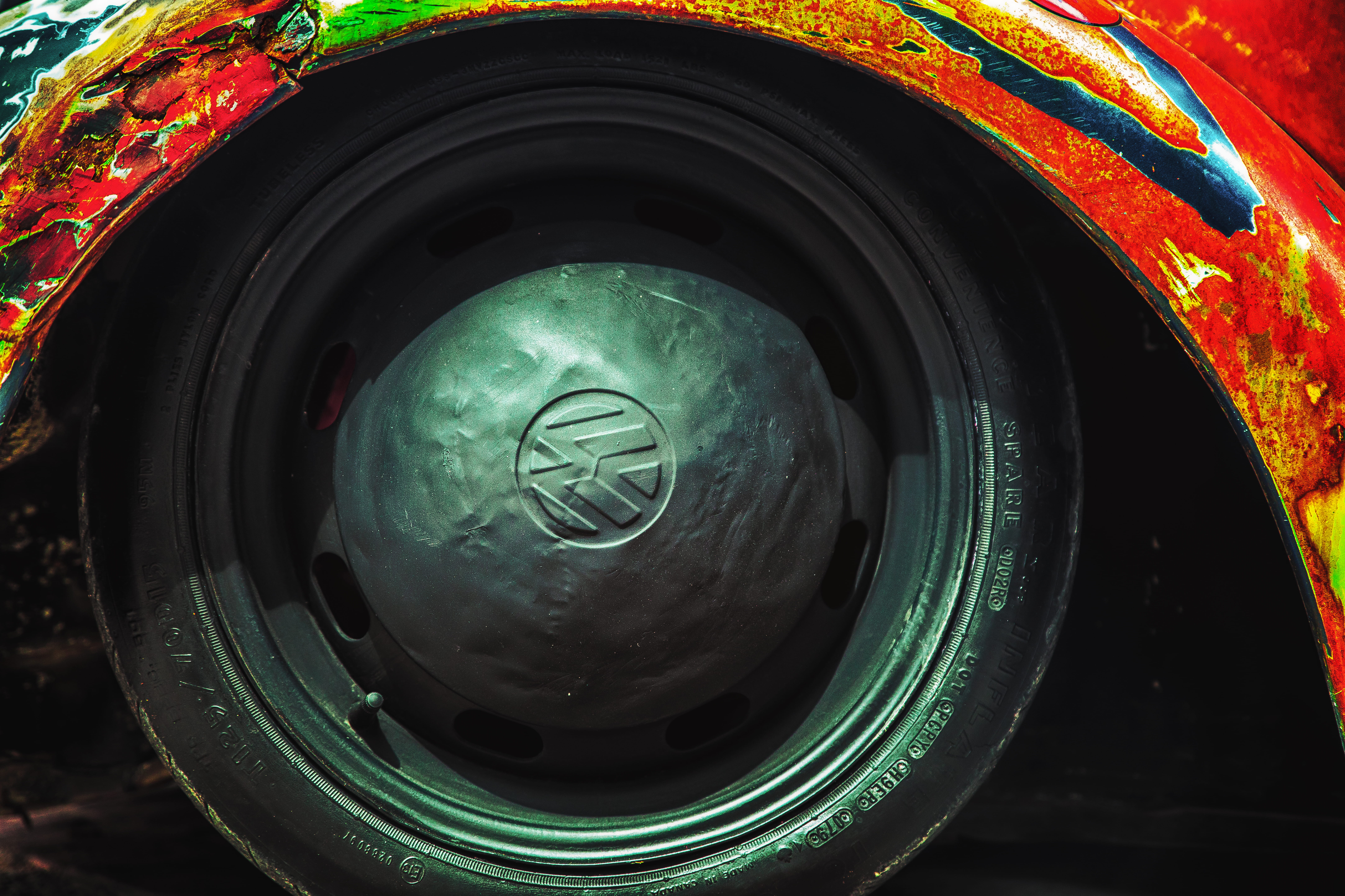 wheel, nature, no people, geometric shape, mode of transportation, land vehicle, outdoors, green color, shape, circle, technology, day, black, 8K, volkswagen, HD Wallpaper