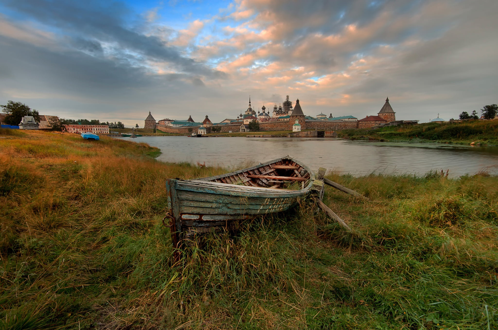 transportation, water, belief, religion, boat, travel destinations, sky, 1080P, travel, Transfiguration, Solovetsky monastery, cloud - sky, built structure, HD Wallpaper