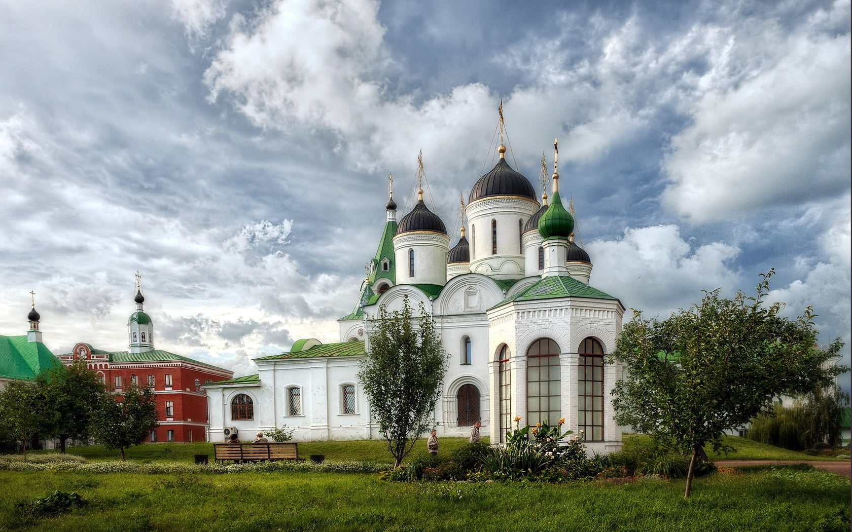 spirituality, belief, religion, grass, green, dome, tree, place of worship, transfiguration, cloud - sky, monastery, day, sky, architecture, holy, building exterior, HD Wallpaper
