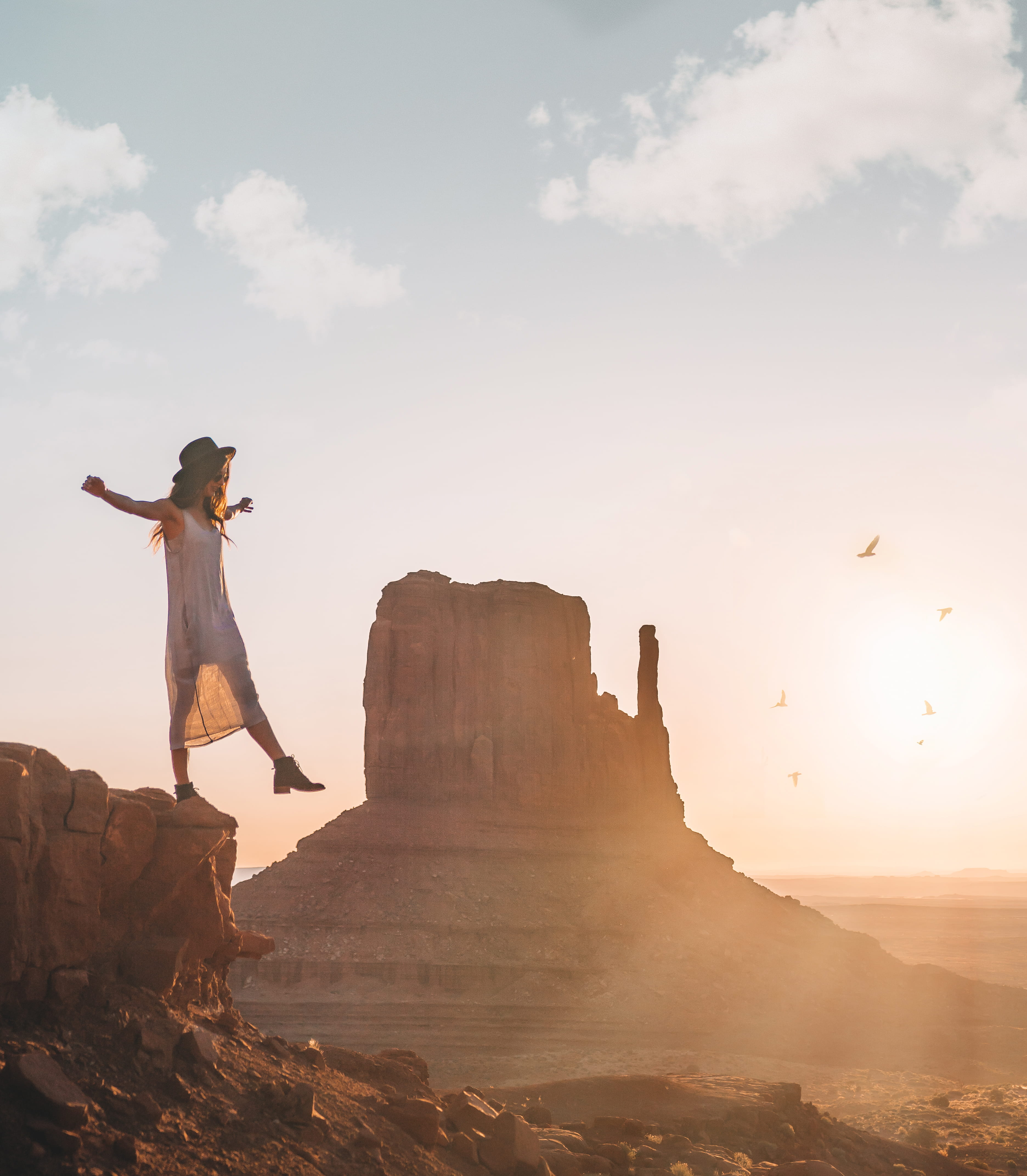 hour, spirit, scenics - nature, outdoors, golden, sun, surrender, human arm, lifestyles, valley, women, sunrise, monument valley, rock, monument, full length, Phone HD Wallpaper