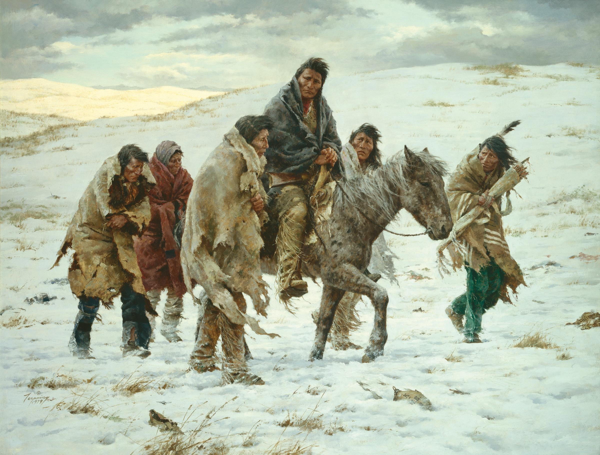 surrender, rides, snow, native, 1080P, horse, painting, joseph, 3d and abstract, chief, HD Wallpaper