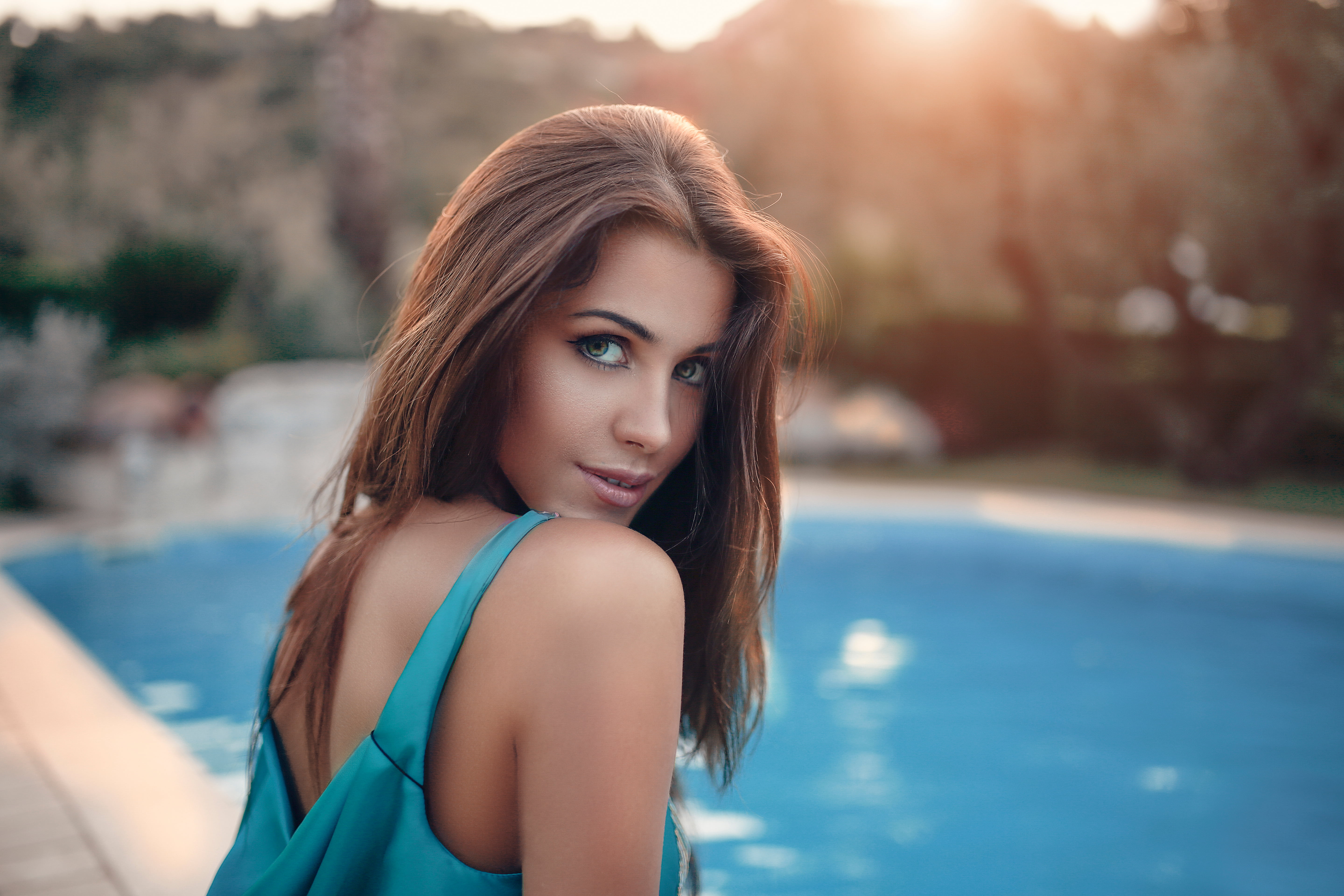 young adult, swimming pool, adult, beautiful woman, beauty, looking at camera, sunlight, nature, Sweet Surrender, one person, brown hair, s, fashion, outdoors, HD Wallpaper