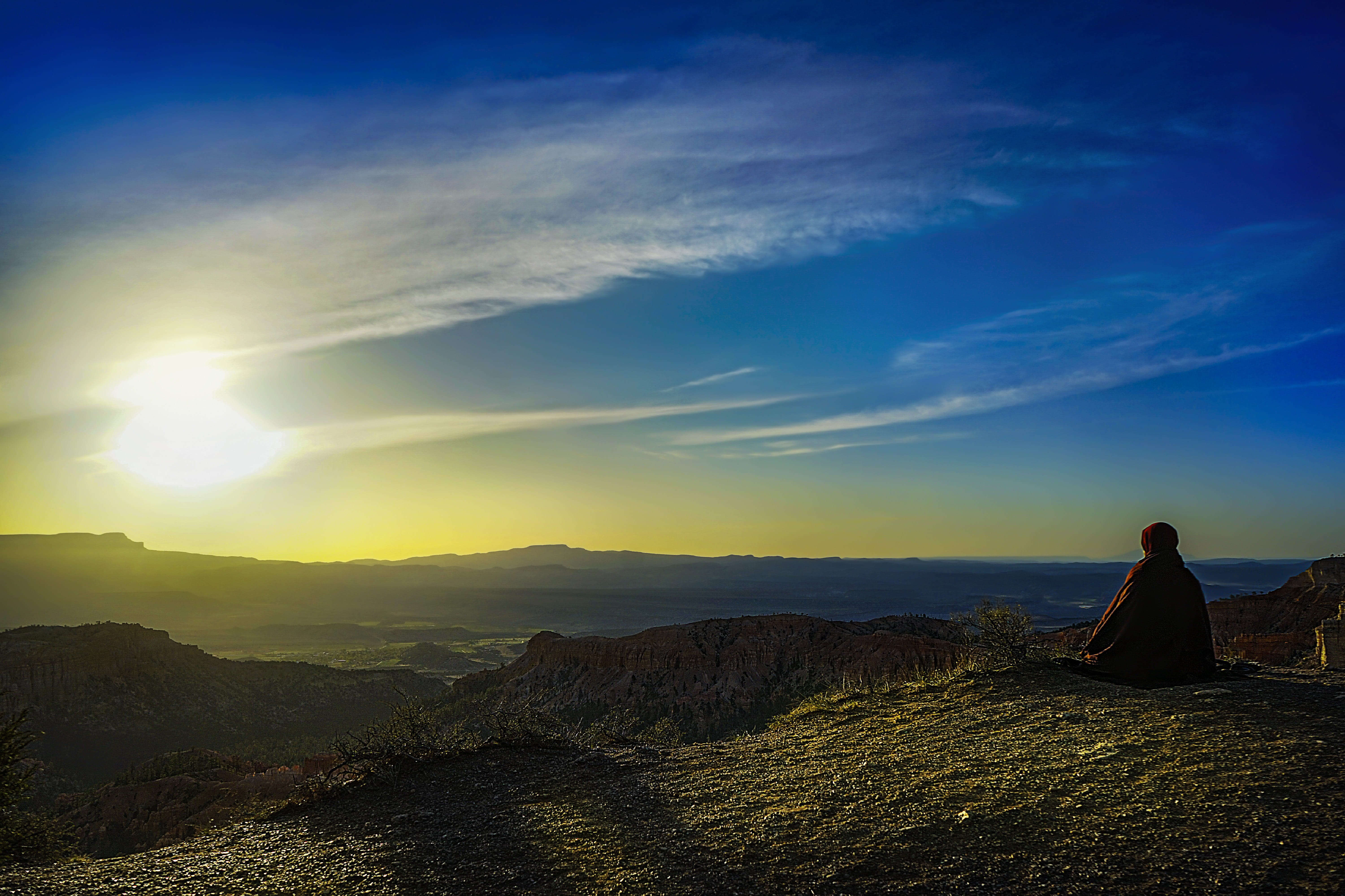 outdoors, national park, scenic, real people, relax, cloud - sky, meditate, scenics - nature, adult, tranquil scene, sky, rear view, sunrise, relaxation, HD Wallpaper