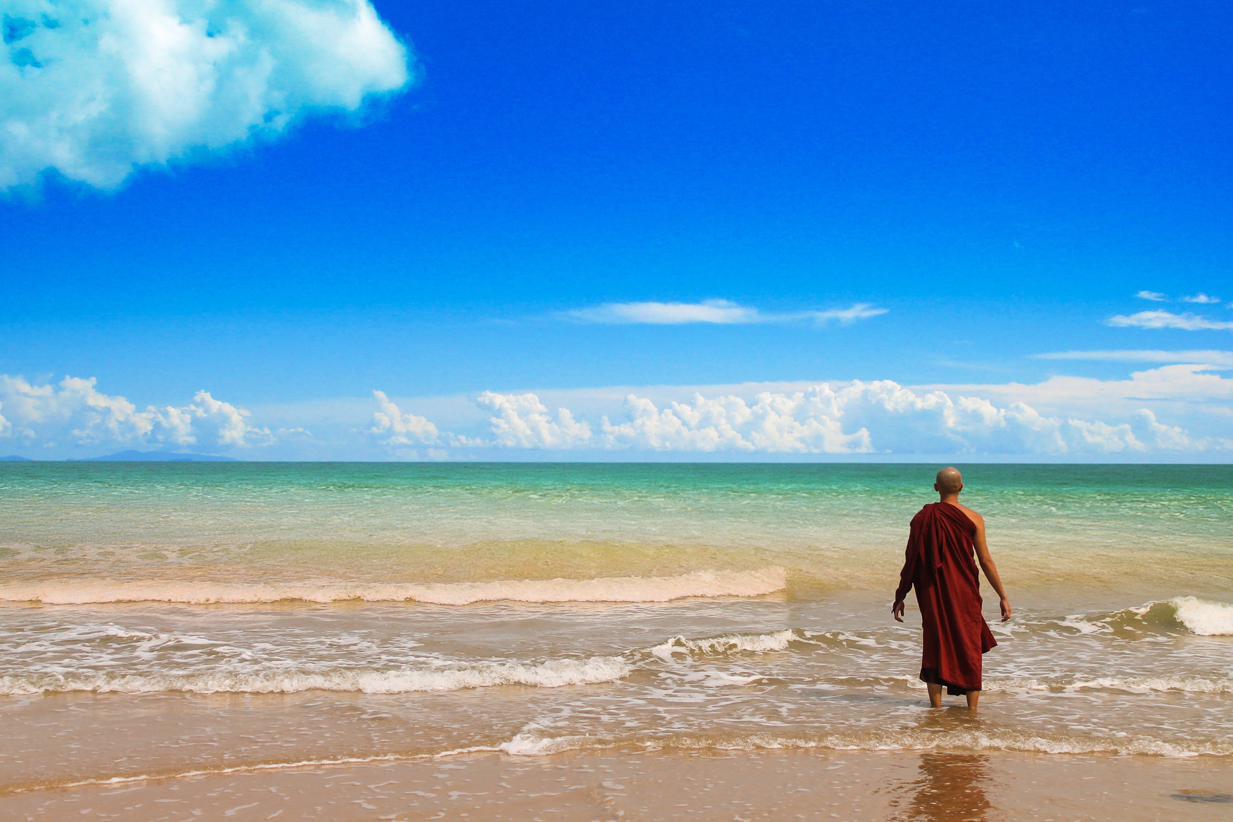 rear view, peaceful, man, trip, peach, standing, horizon, full length, rejuvenate, tranquility, refresh, vacations, red, horizon over water, beauty in nature, HD Wallpaper