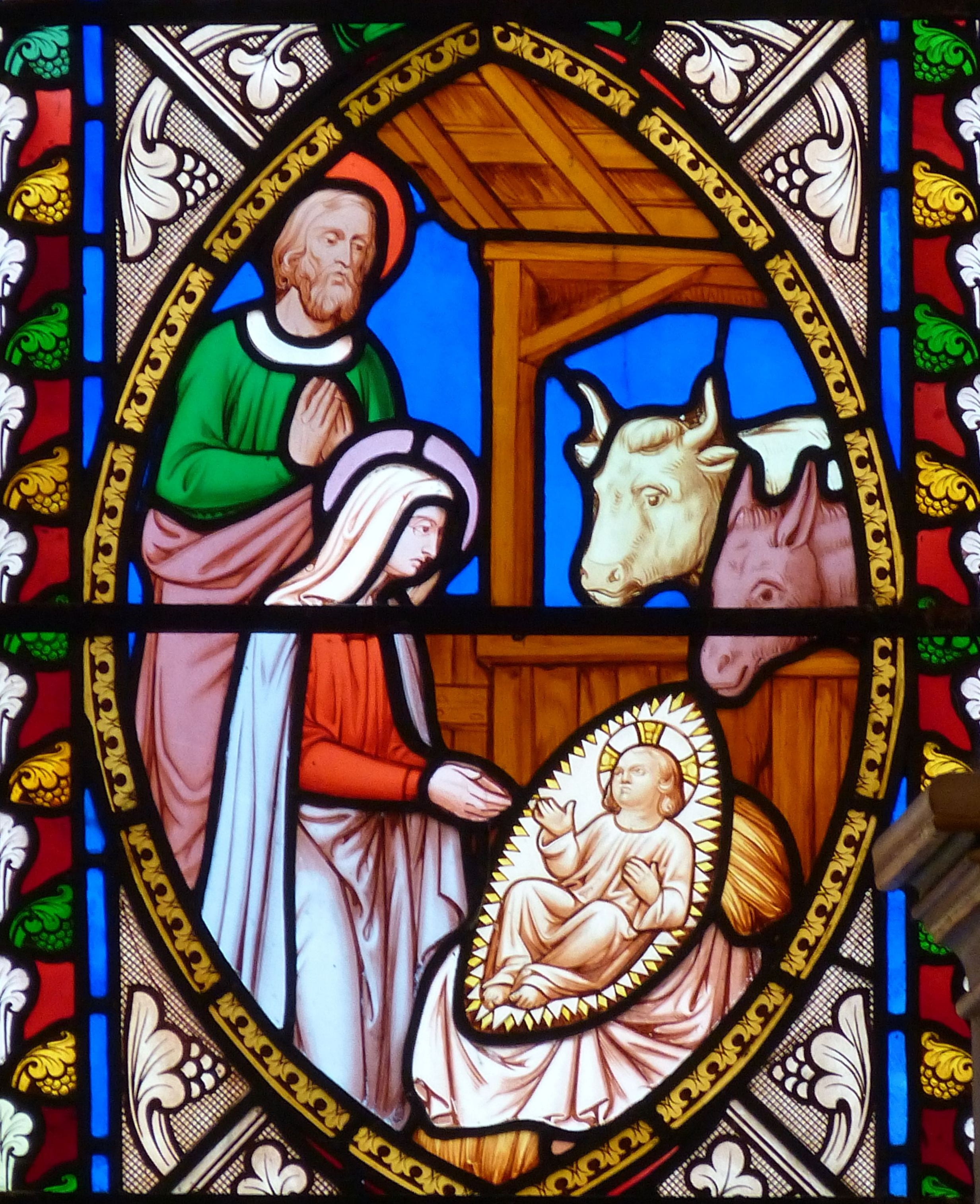 religion, 2K, human representation, united kingdom, multi colored, historically, male likeness, christianity, church window, crib, england, donkey, jersey, Phone HD Wallpaper