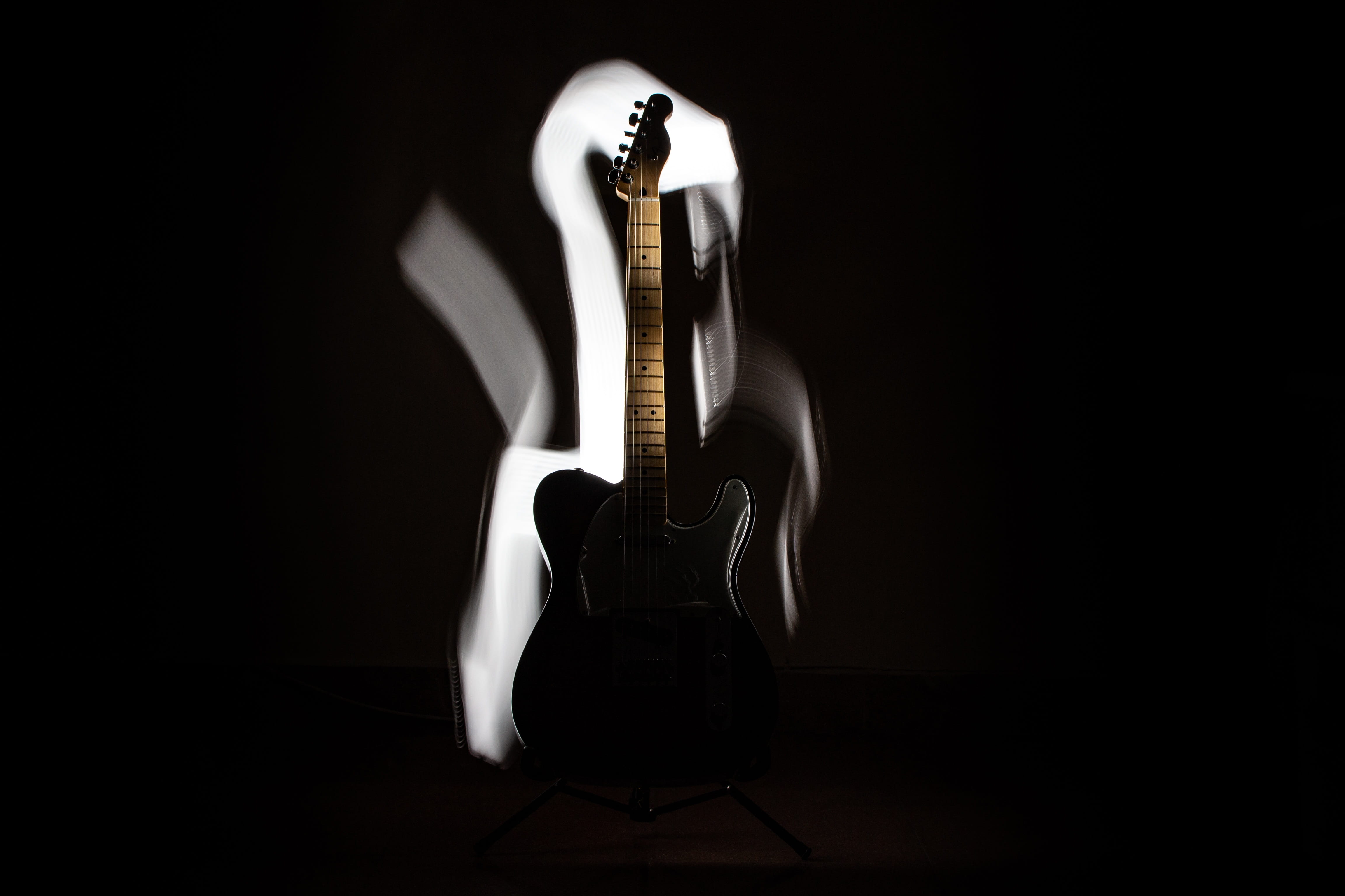 string instrument, 4K, violin, copy space, still life, string, musical instrument, single object, rock, music, musical equipment, black color, telecaster, HD Wallpaper