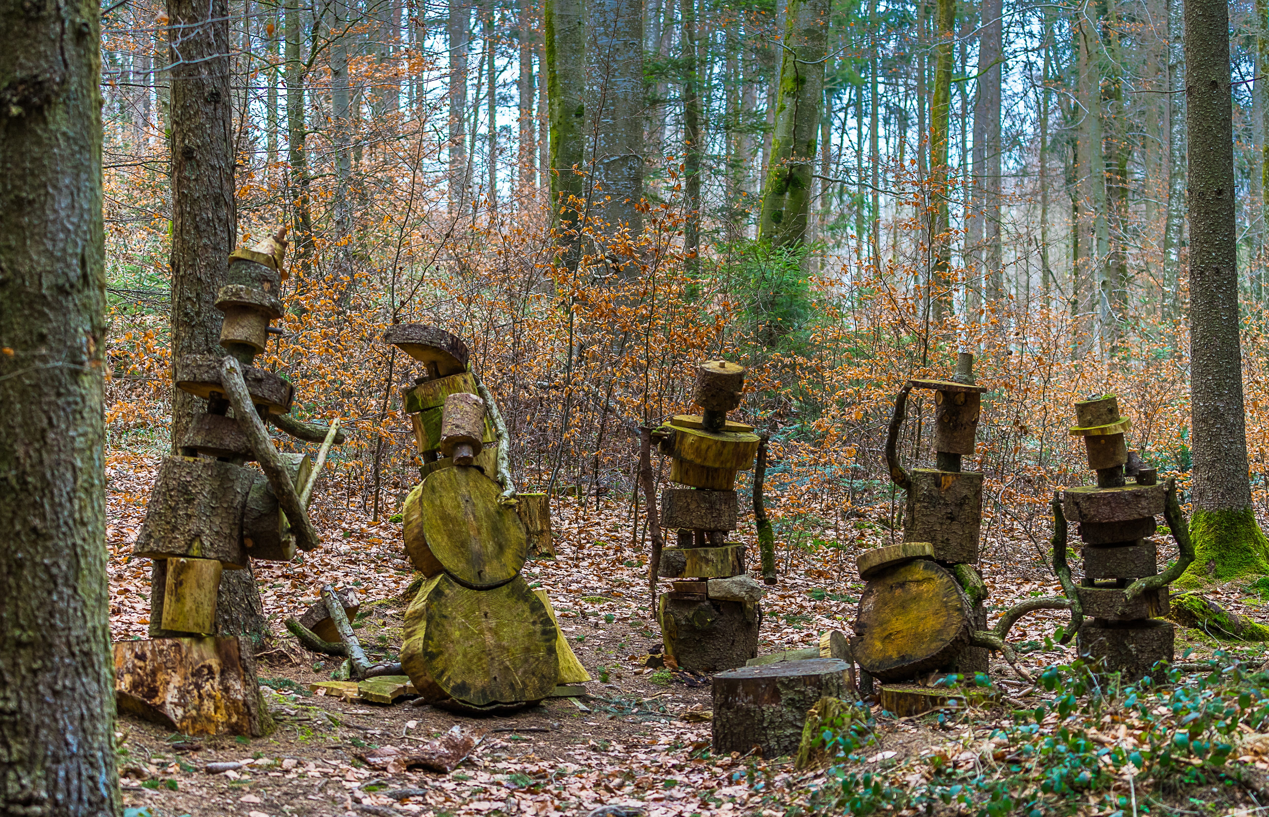 4K, outdoors, creativity, craft, nature, leaves, wood, band, woodland, trunk, yellow, land, funny, sculpture, representation, belief, carving, spirituality, HD Wallpaper