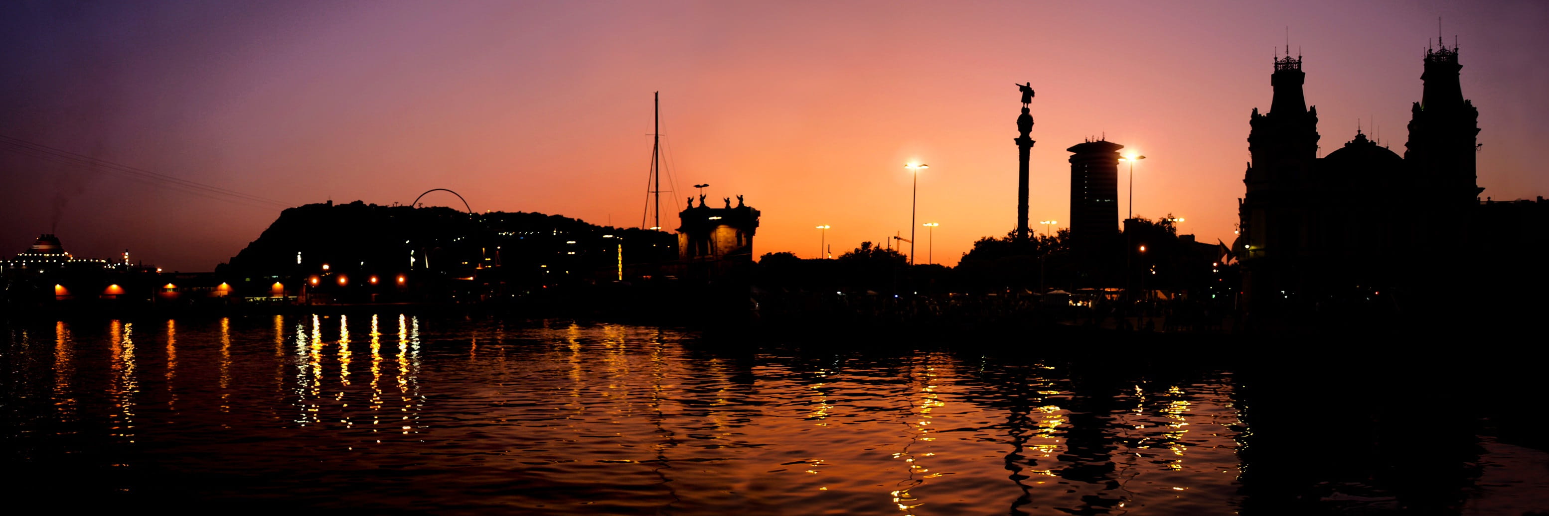 waterfront, built structure, outdoors, mood, nature, night, orange color, building exterior, spain, travel destinations, industry, architecture, 2K, factory, HD Wallpaper