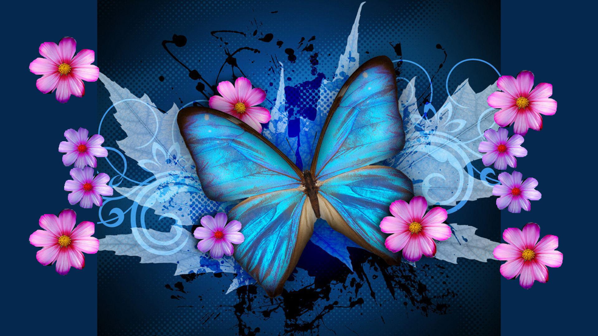 happiness, photoshop, monarch, blue, butterfly, animals, ii, 1080P, flower, pink, HD Wallpaper