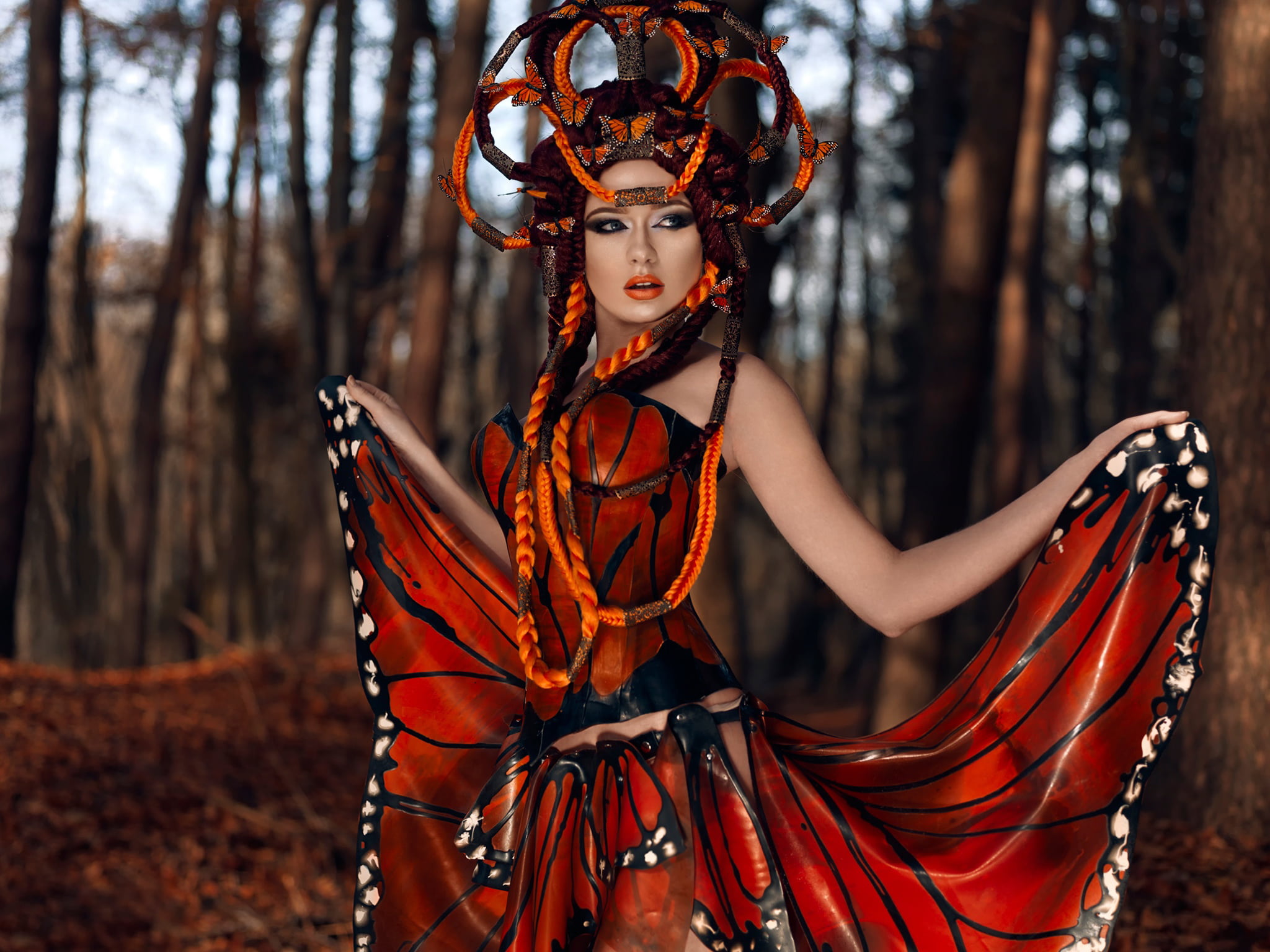 1080P, adult, headwear, clothing, butterfly, beauty, tree, outdoors, portrait, dress, young women, front view, hairstyle, beautiful woman, fashion, red, HD Wallpaper