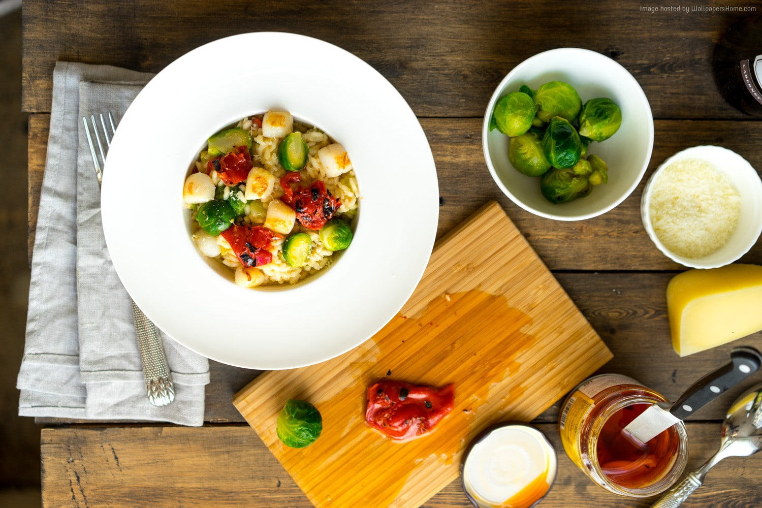 dried pepper, Brussels sprouts, rizitto, scallops, 720P, HD Wallpaper