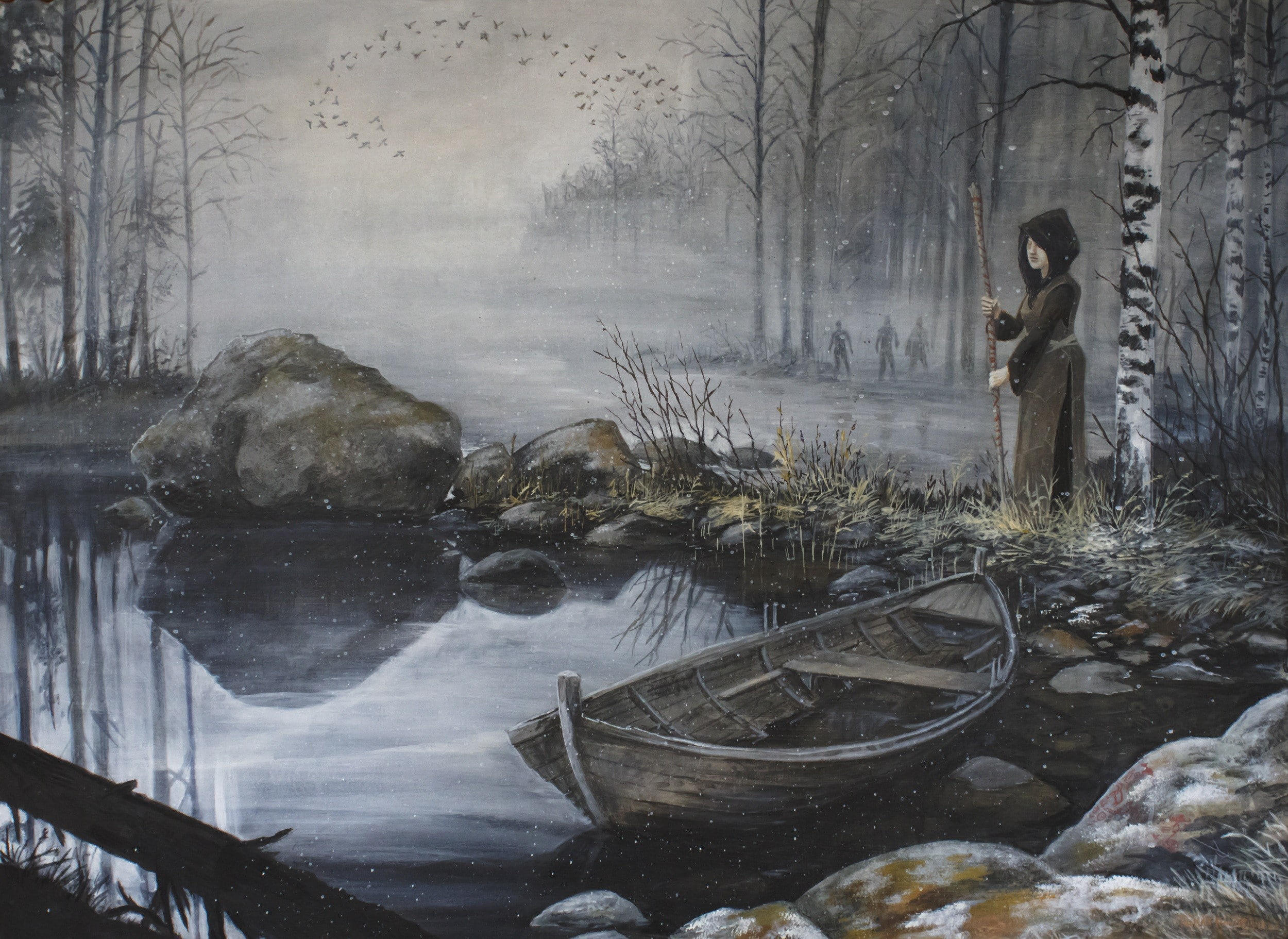 painting, boat, water, outdoors, tree, cold temperature, day, fog, hoods, representation, built structure, reflection, art and craft, statue, architecture, HD Wallpaper