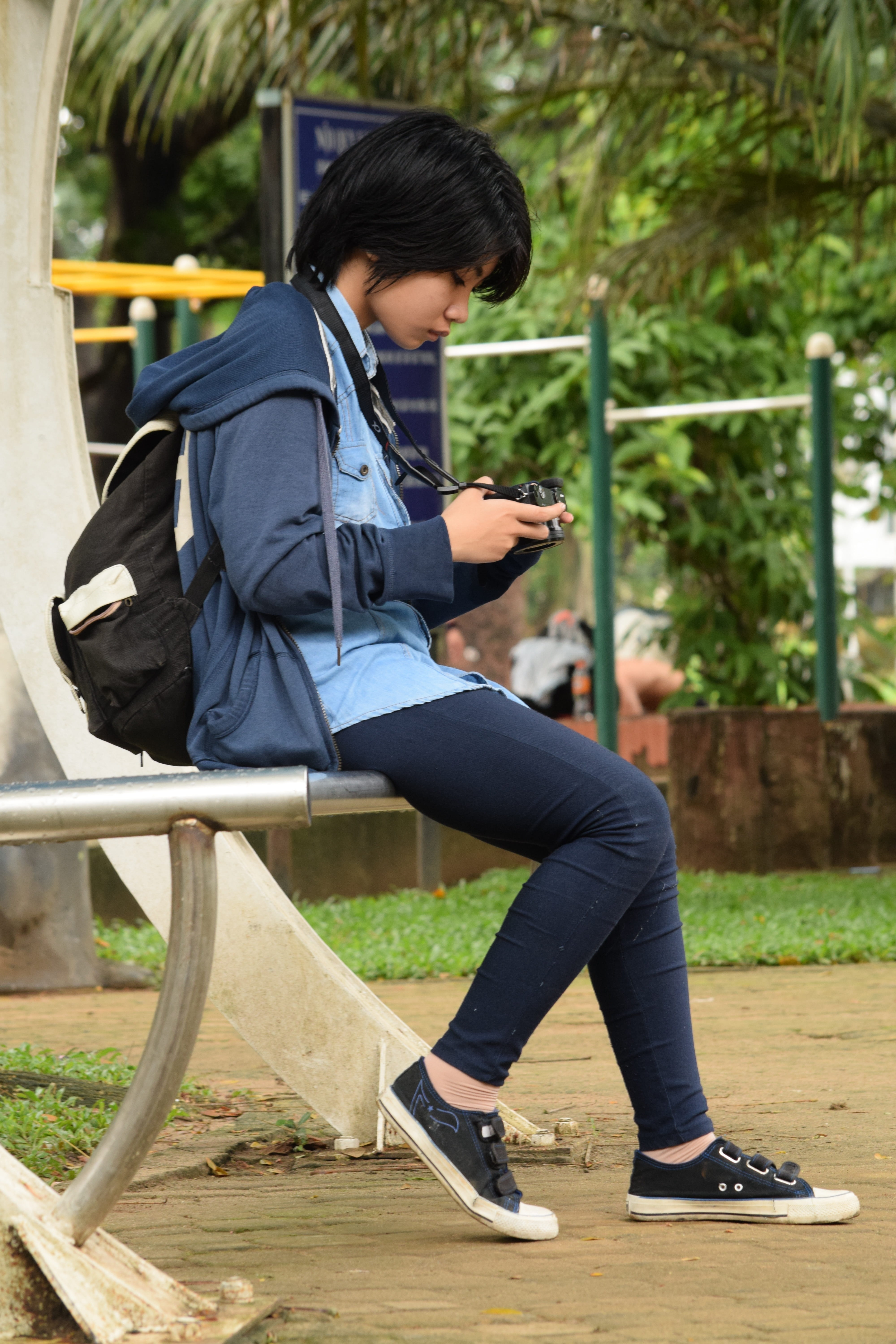 using phone, real people, girl photography, day, house view photos, students, holding, wireless technology, 5K, full length, seat, outdoors, bench, casual clothing, Phone HD Wallpaper