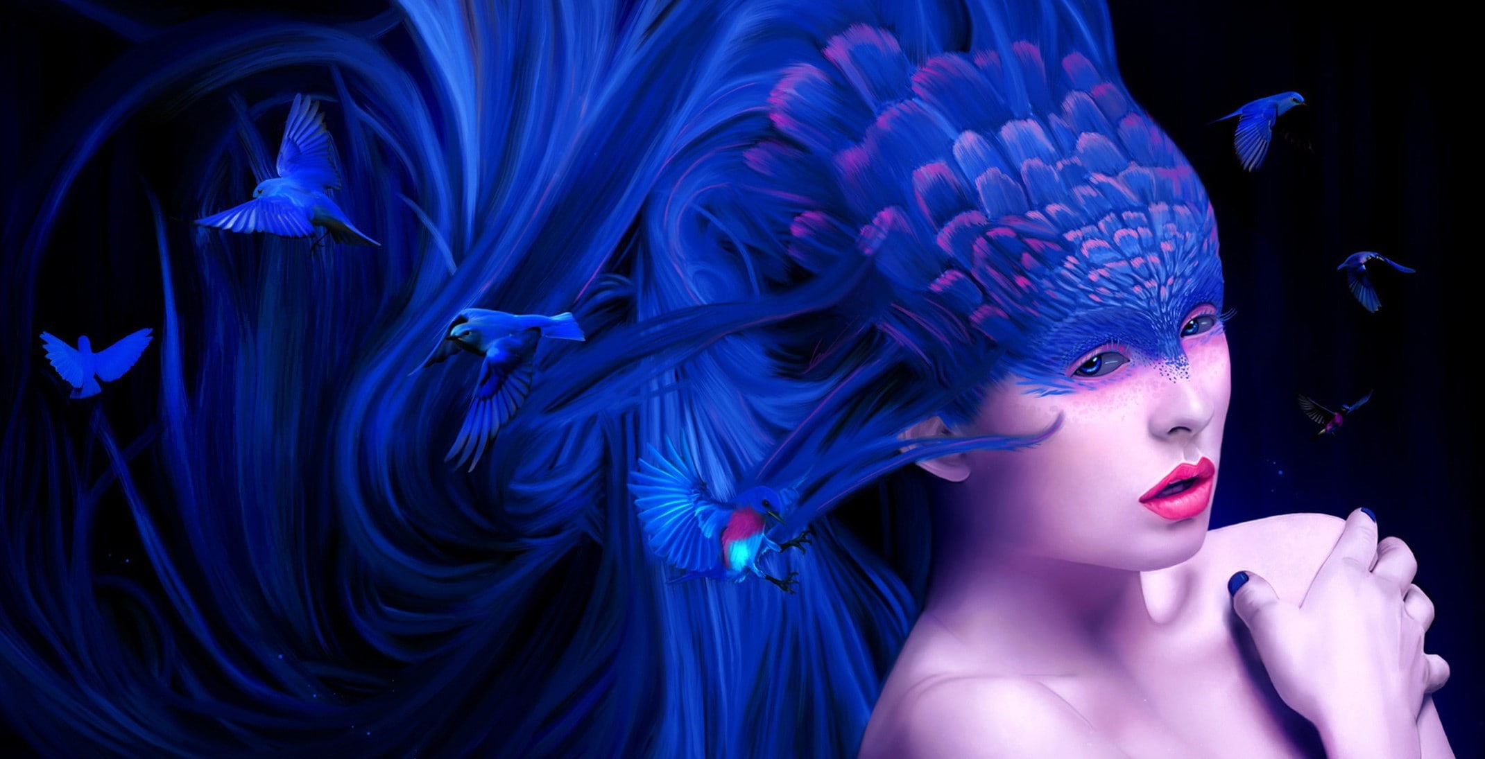 fantasy art, blue, 1080P, headress, purple, long, blue hair, girl, art, hair, fantasy, birds, HD Wallpaper