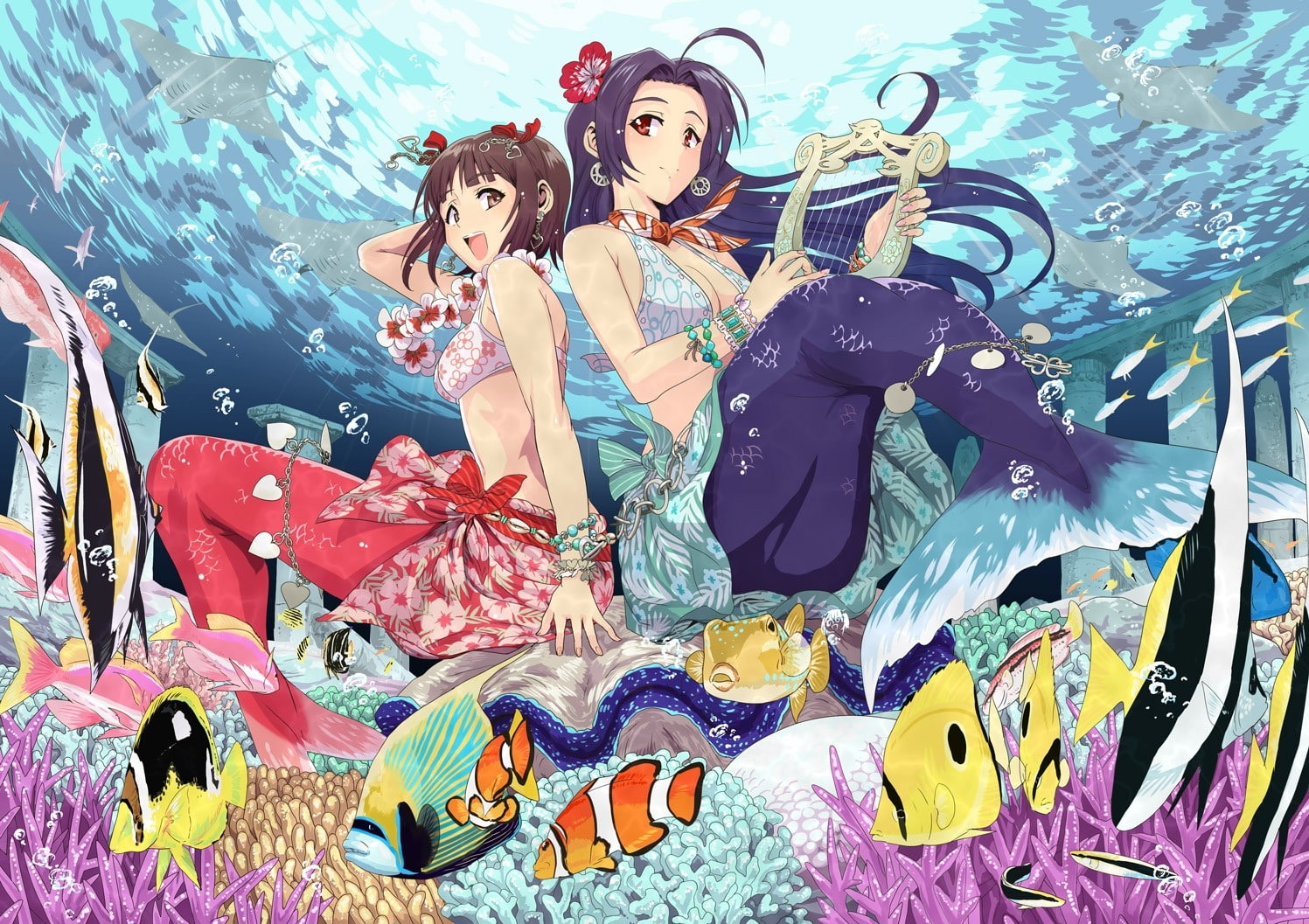 azusa, amami, brunettes, 720P, FISH, mermaids, animals, hair, anime, miura, art, girls, haruka, hd, idolmas, blue, harp, underwater, HD Wallpaper