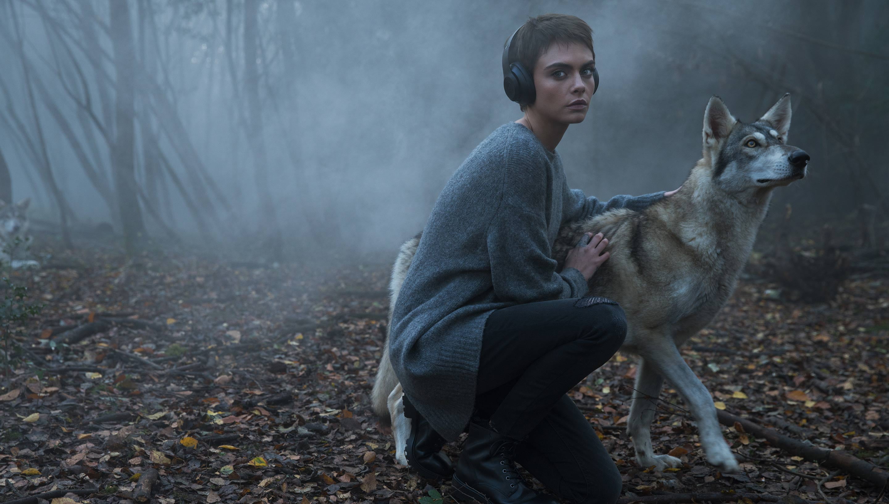 land, headphones, young adult, dog, one animal, tattoo, women, tree, day, looking at viewer, one person, nature, contemplation, leisure activity, outdoors, HD Wallpaper