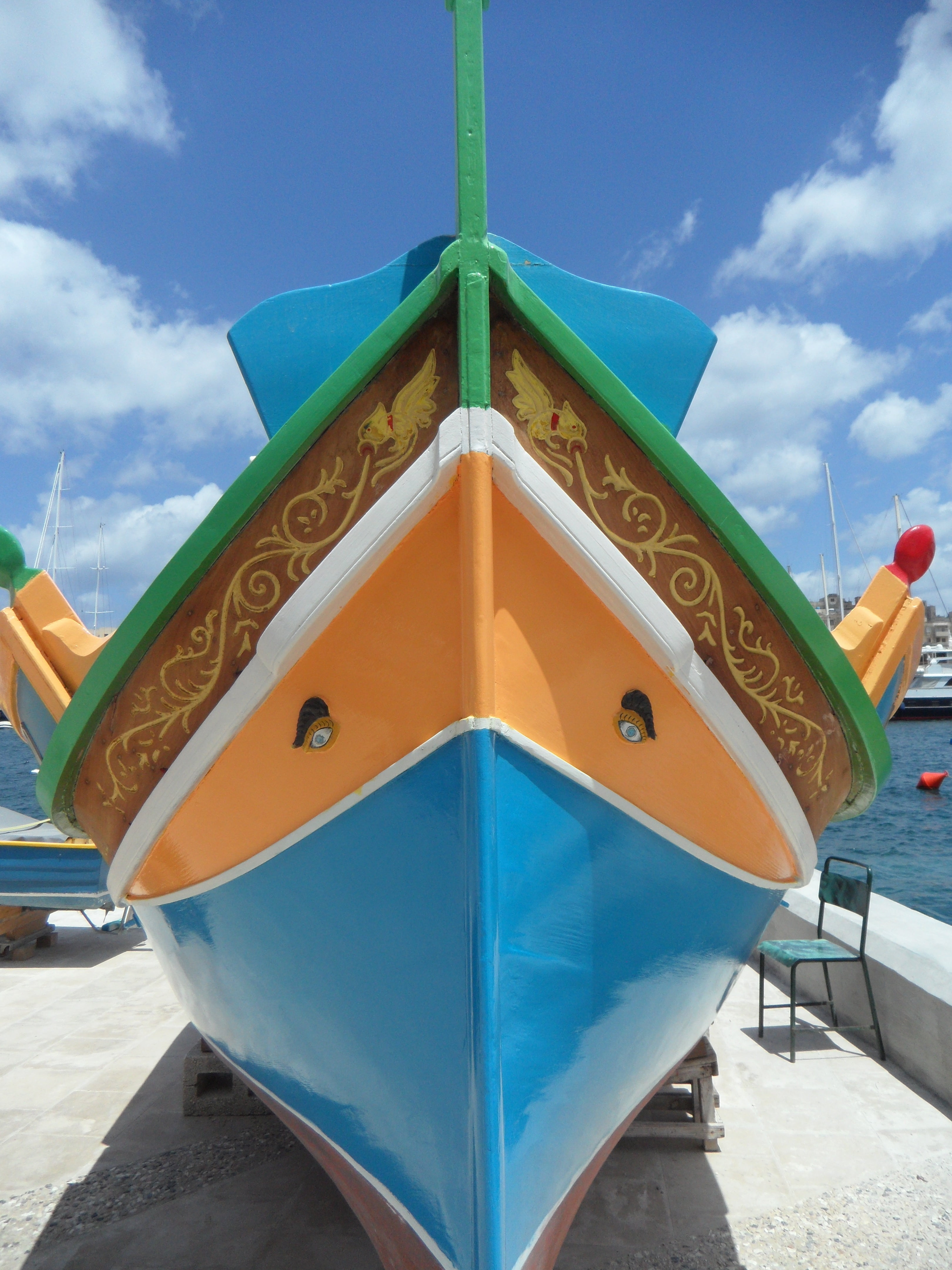 cloud - sky, 4K, playground, port, blue, eye of osiris, orange color, built structure, fishing boat, yellow, luzzu, boot, drained, nature, nautical Vessel, Phone HD Wallpaper