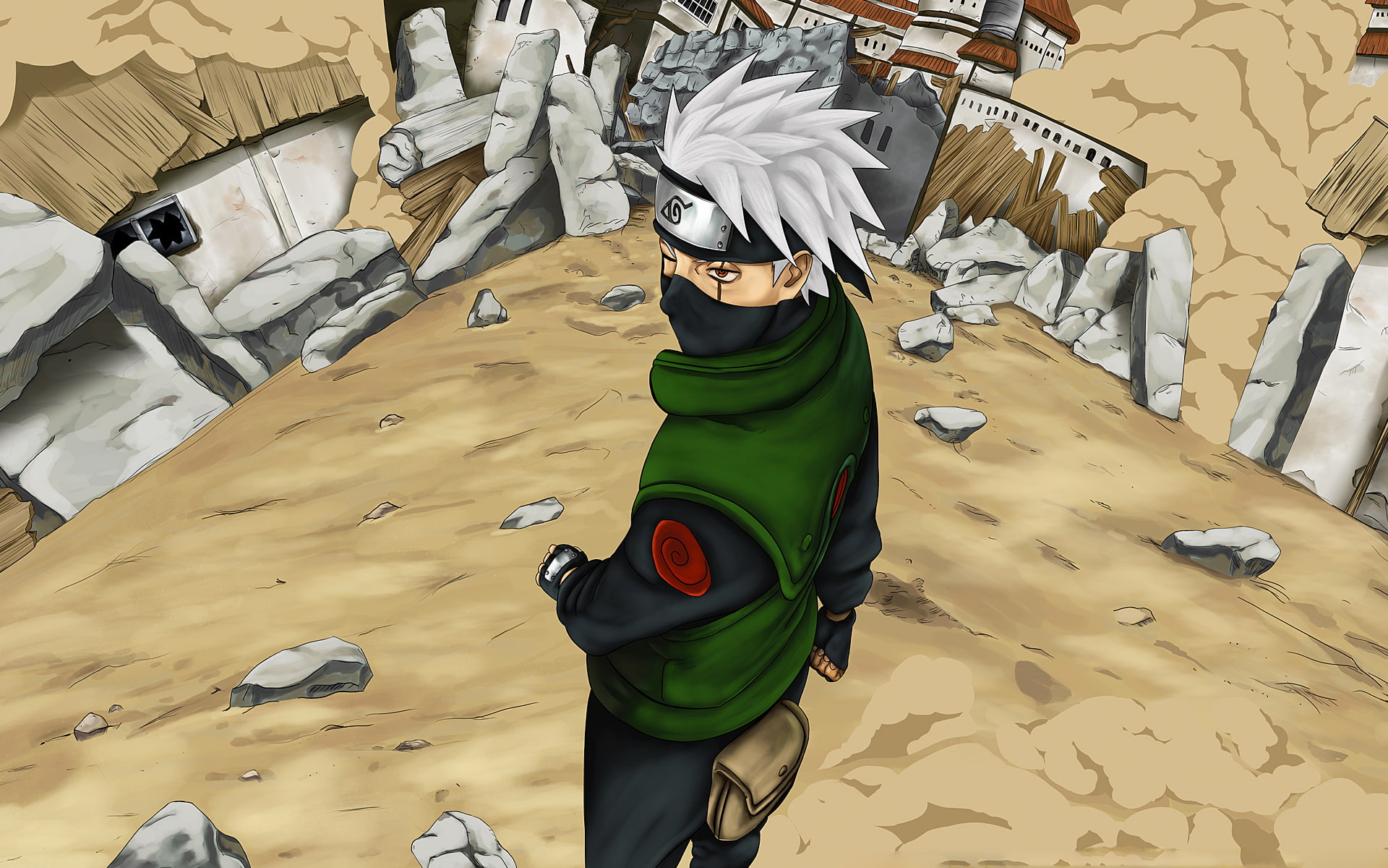 ruins, art, Hatake Kakashi, Naruto, Konoha, 1080P, Anime, Sharingan, HD Wallpaper