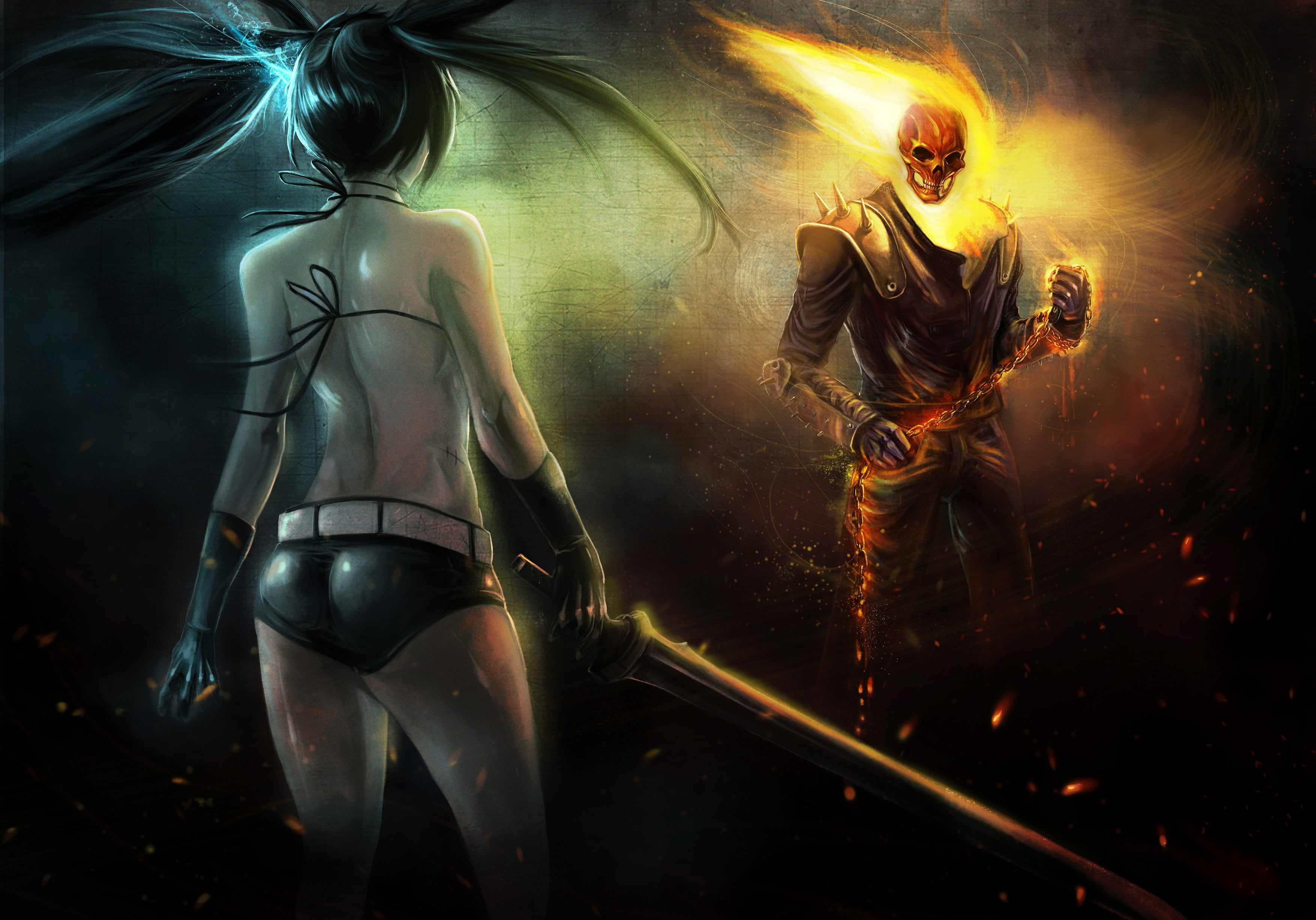 Anime, Crossover, 2K, Girl, Ghost Rider, Black Rock Shooter, HD Wallpaper