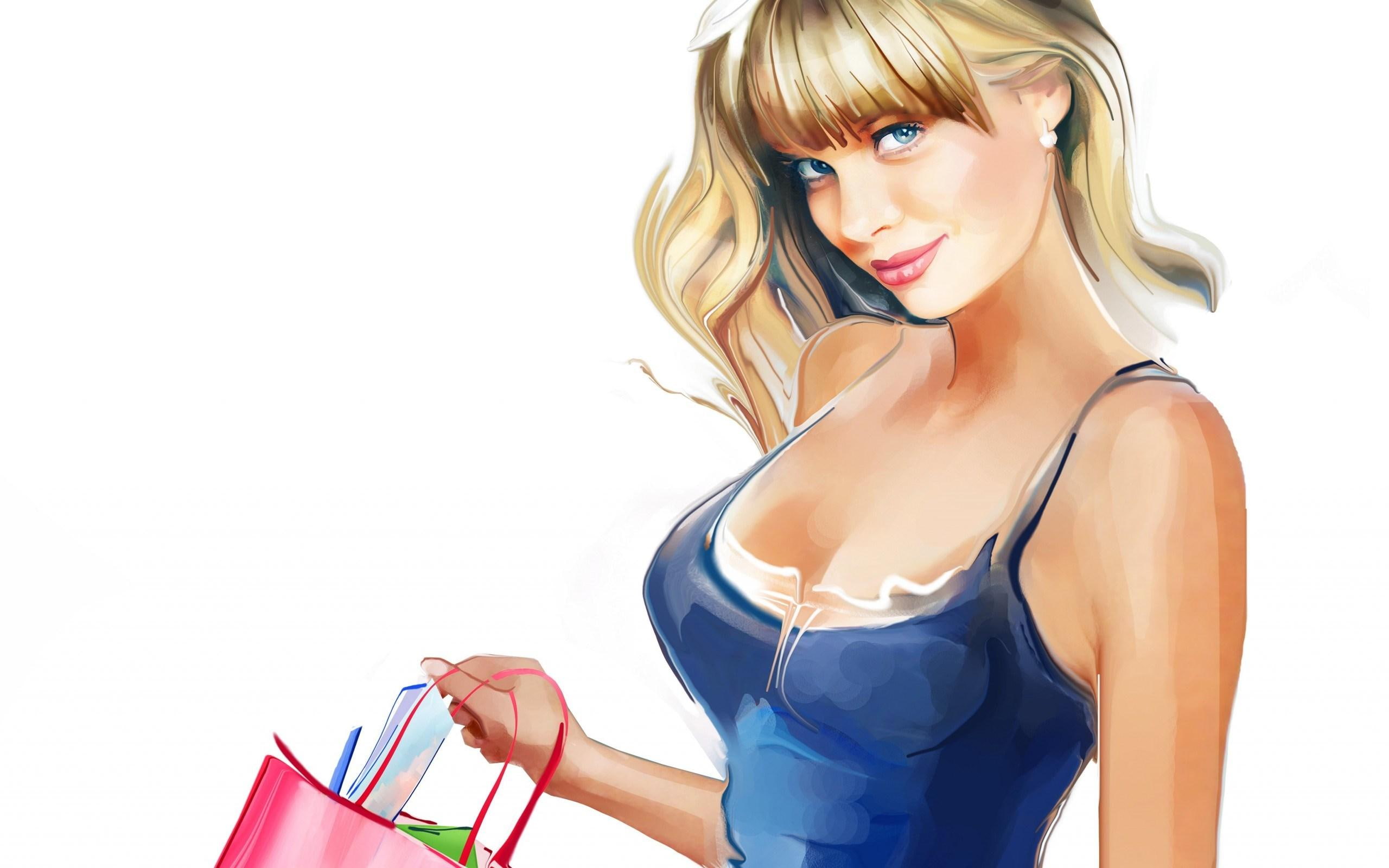 shopping, art, bag, 2K, blonde, girl, HD Wallpaper