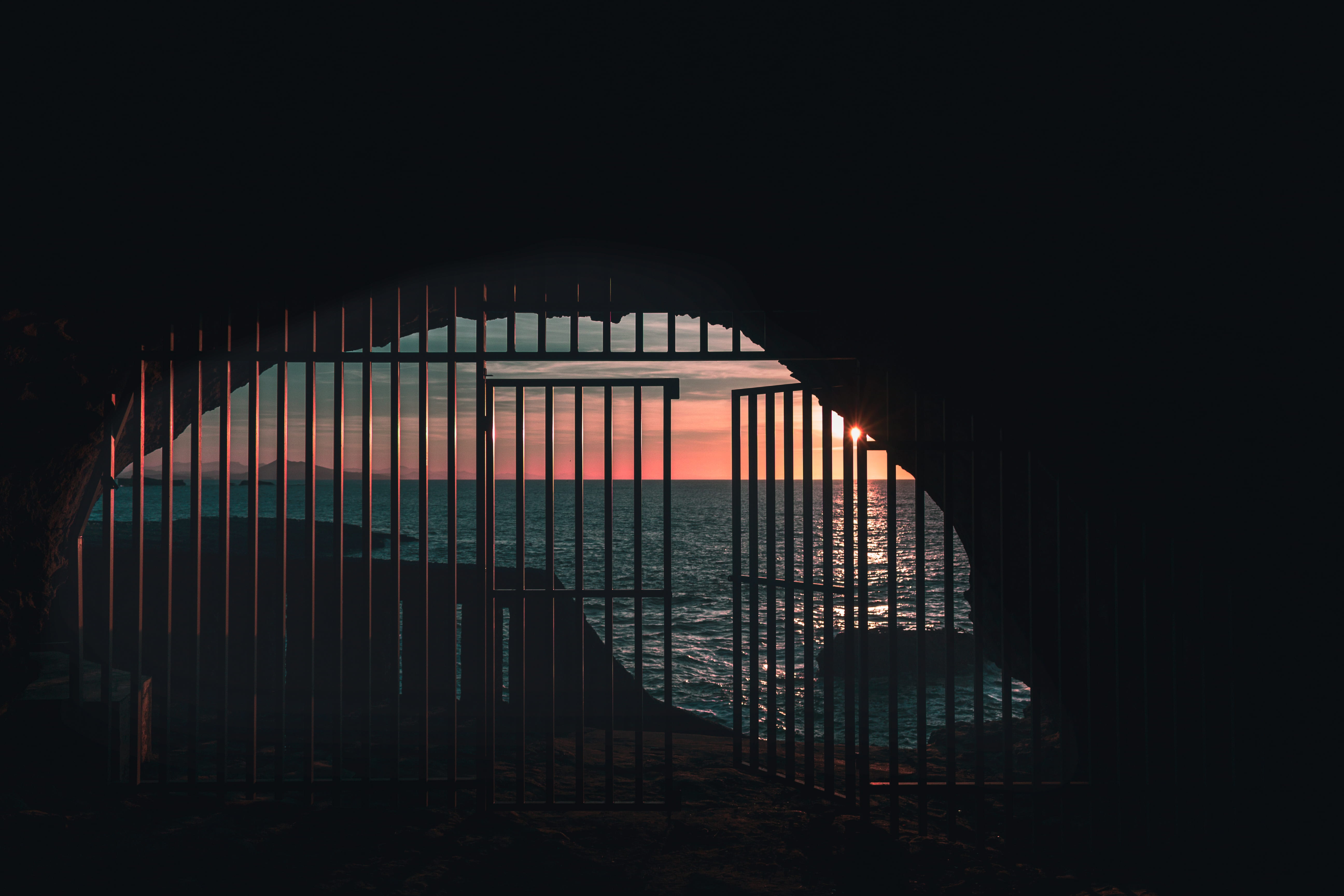 ocean, fence, security, sky, nature, line, city, railing, dark, near, silhouette, protection, opened, sunset, water, biarritz, rock, metal, door, rail, HD Wallpaper