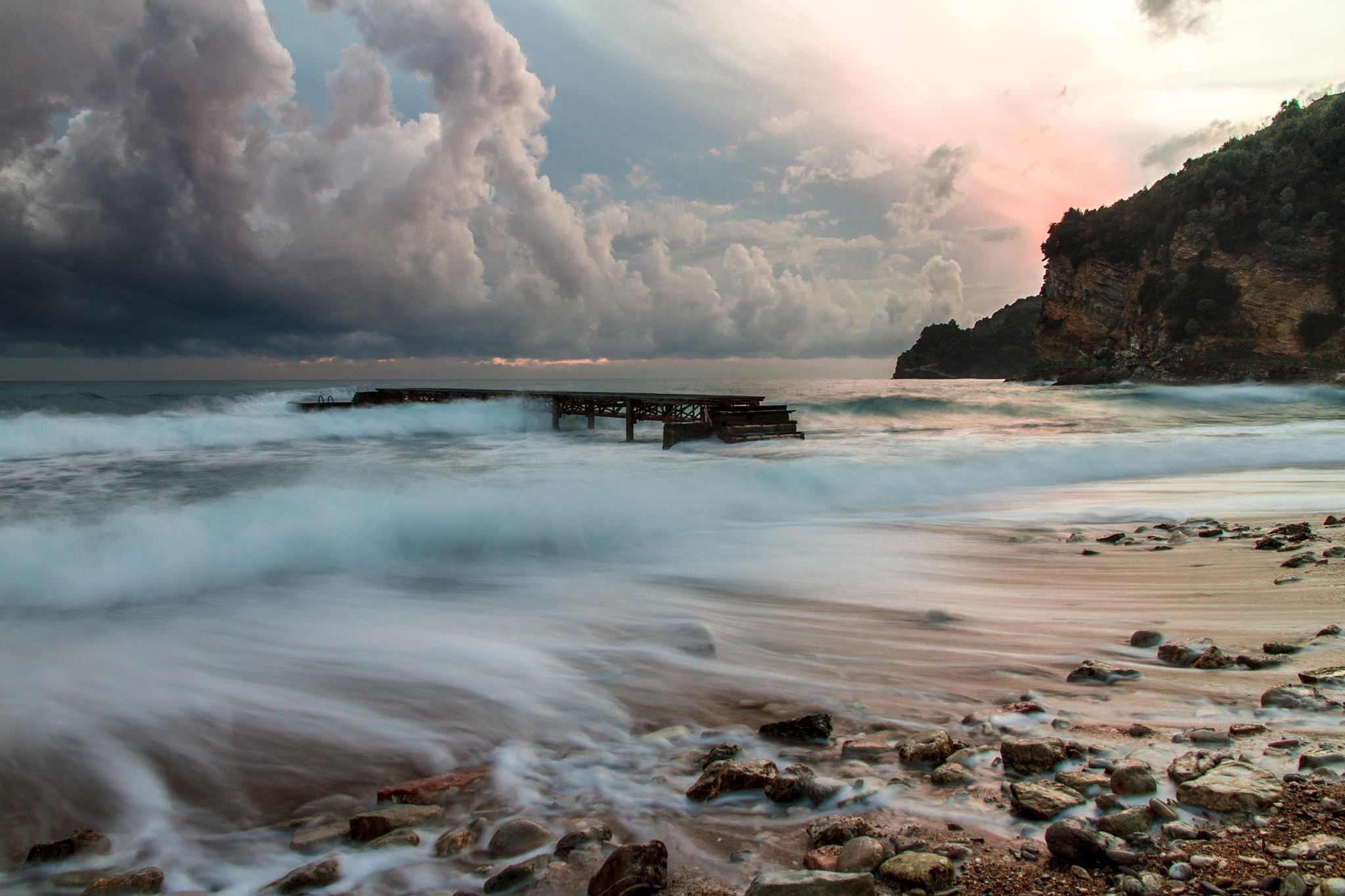wave, budva, land, beach, sea, rock, sunset, scenics - nature, tranquility, outdoors, power in nature, coastline, motion, beauty in nature, cloud - sky, HD Wallpaper