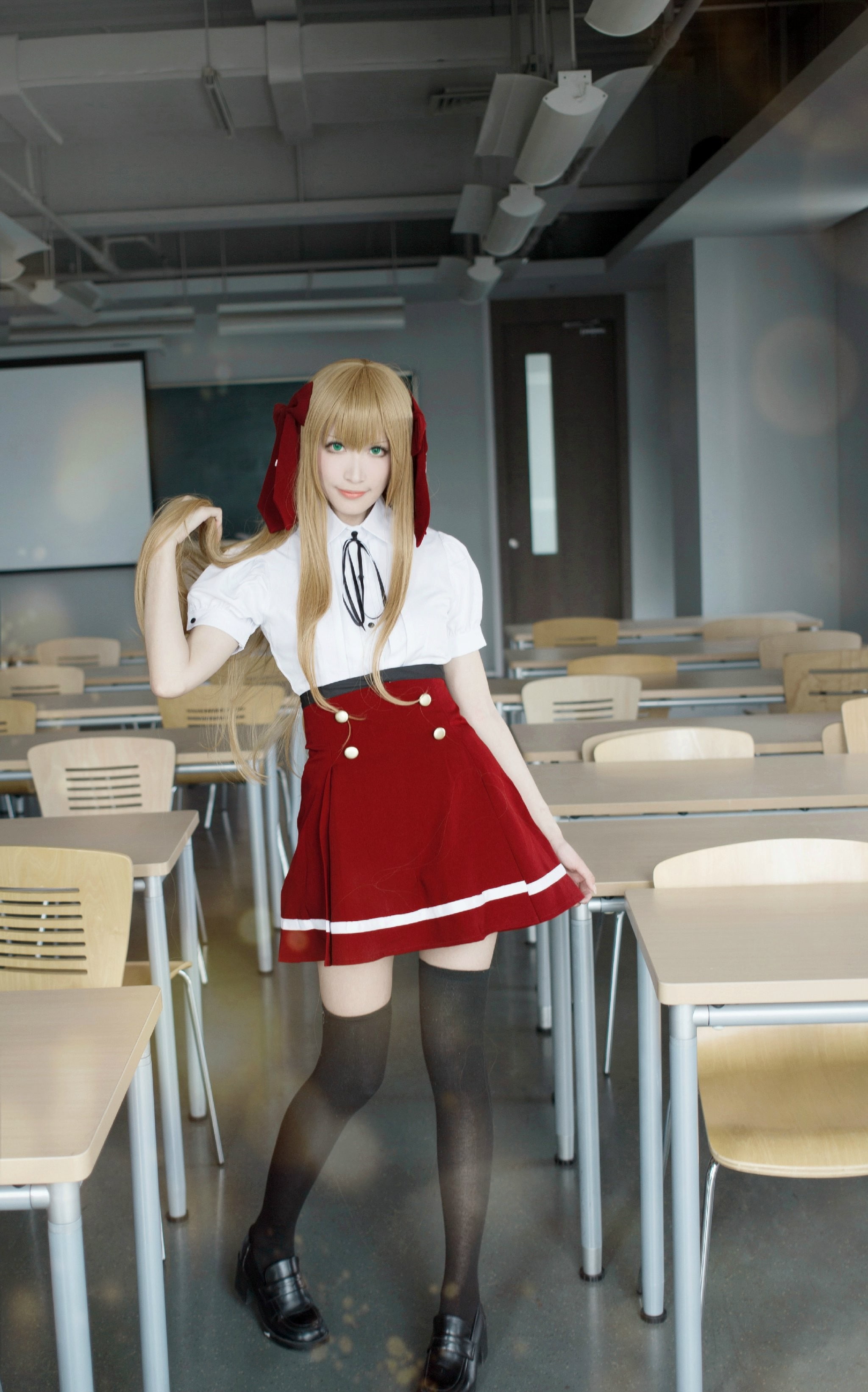 young adult, 2K, full length, hair, emotion, classroom, carrying, red, bag, thigh-highs, holding, shopping, adult, indoors, women, cosplay, clothing, portrait, Phone HD Wallpaper
