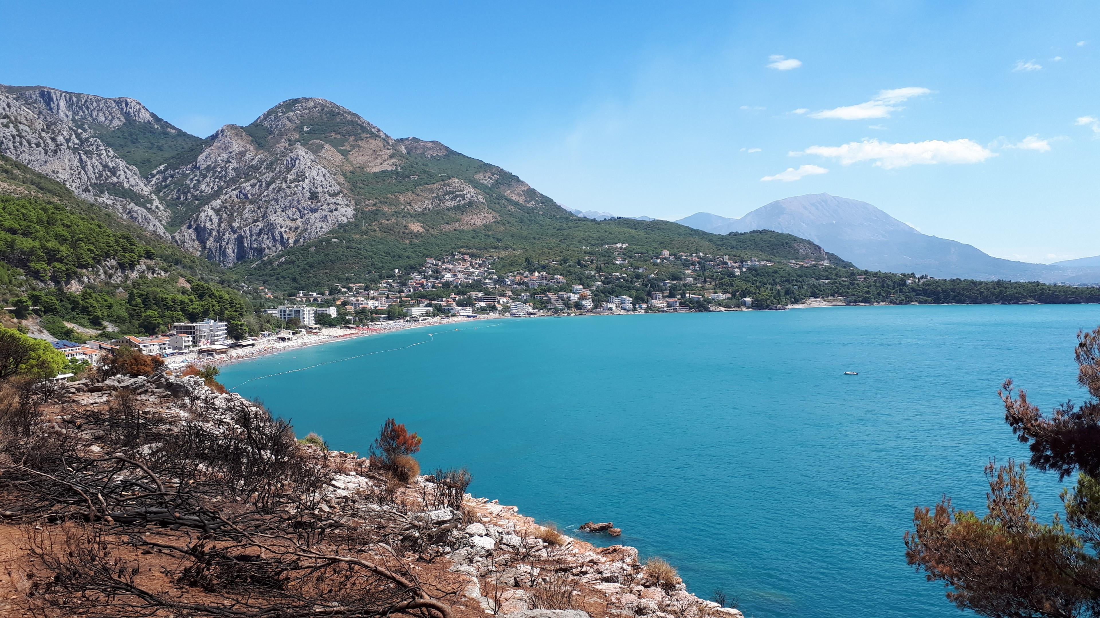 beach, turquoise colored, pine tree, beauty in nature, sutomore, mountain, coast, nature, tranquil scene, 4K, environment, mountain range, no people, bay, HD Wallpaper
