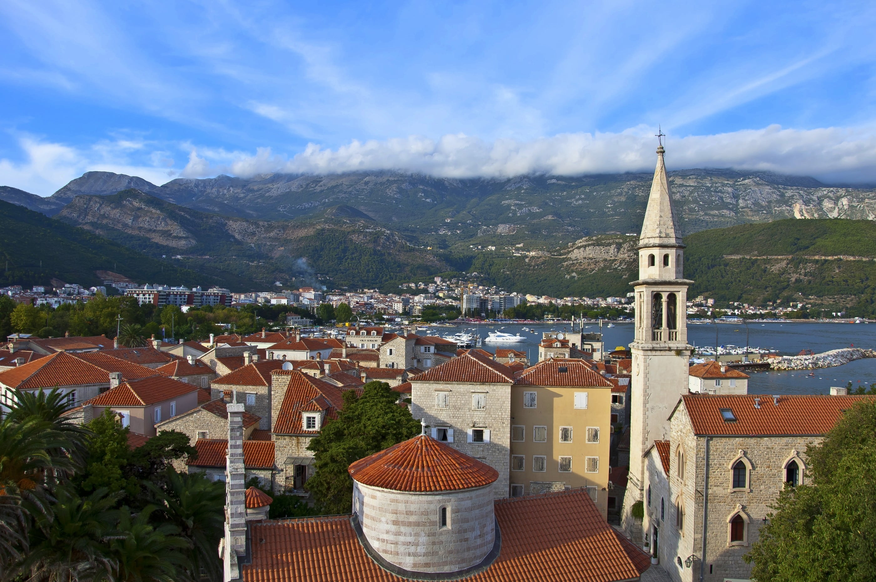Budva, mountains, Montenegro, 2K, the sky, clouds, building, HD Wallpaper
