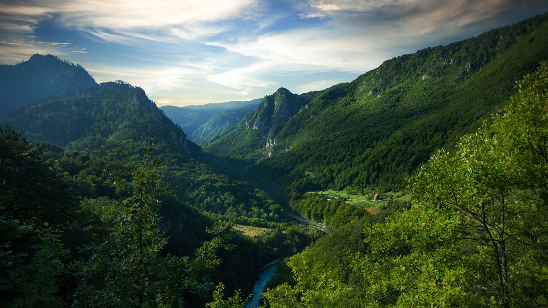 Montenegro, tropical, landscape, trees, nature, 1080P, Tara River Canyon, house, clouds, mountains, river, forest, sky, HD Wallpaper