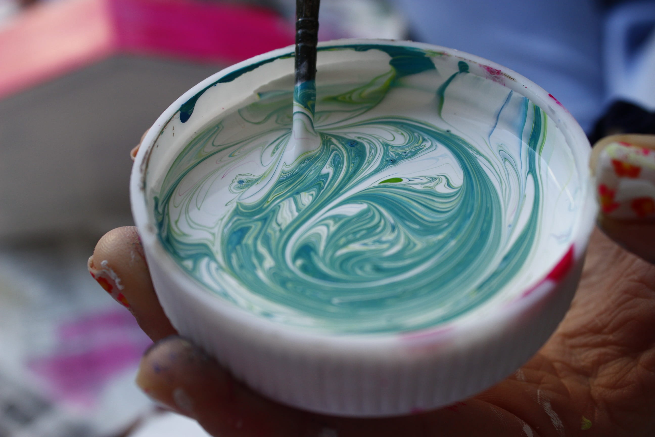 art, indulgence, pattern, color, food, focus on foreground, close-up, crafts, tempera, teal, white, container, indoors, hand, 2K, sweet, sweet food, human hand, HD Wallpaper