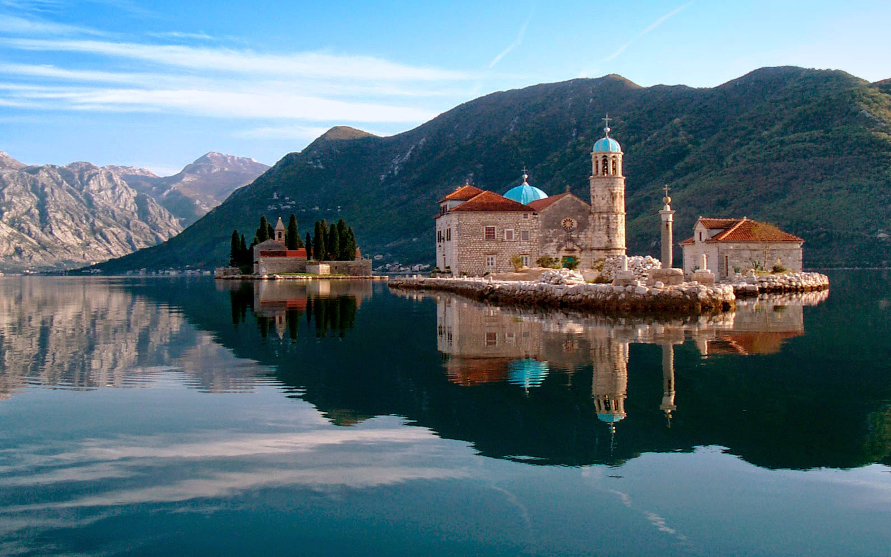 outdoors, montenegro, reflection, scenics - nature, day, 2K, building, perastkotor, lake, bay, no people, mountain range, religion, travel destinations, HD Wallpaper