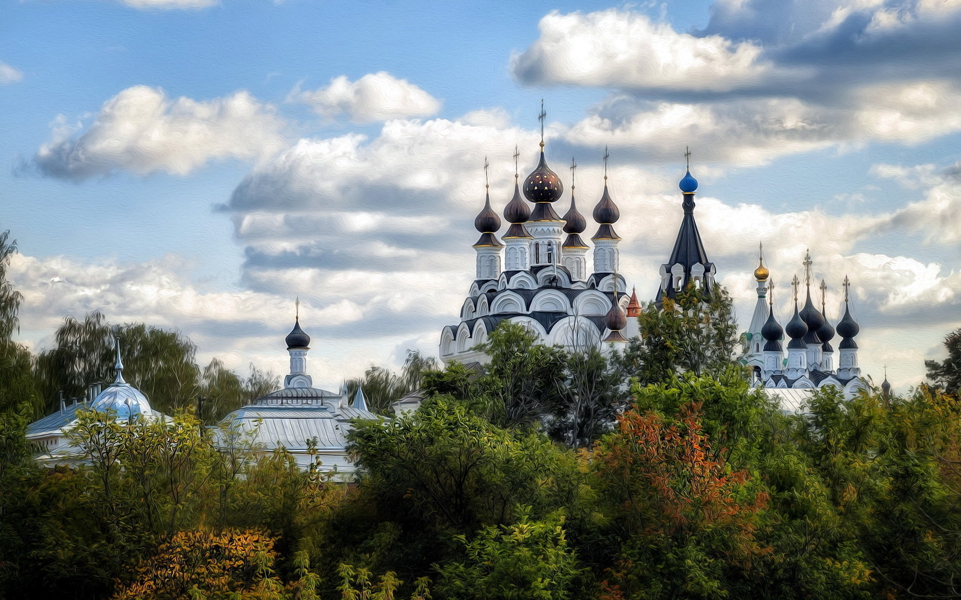 clouds, 1080P, spires, annunciation, monastery, buildings, fall, trees, religion, sky, church, cathedral, autumn, trinity, HD Wallpaper