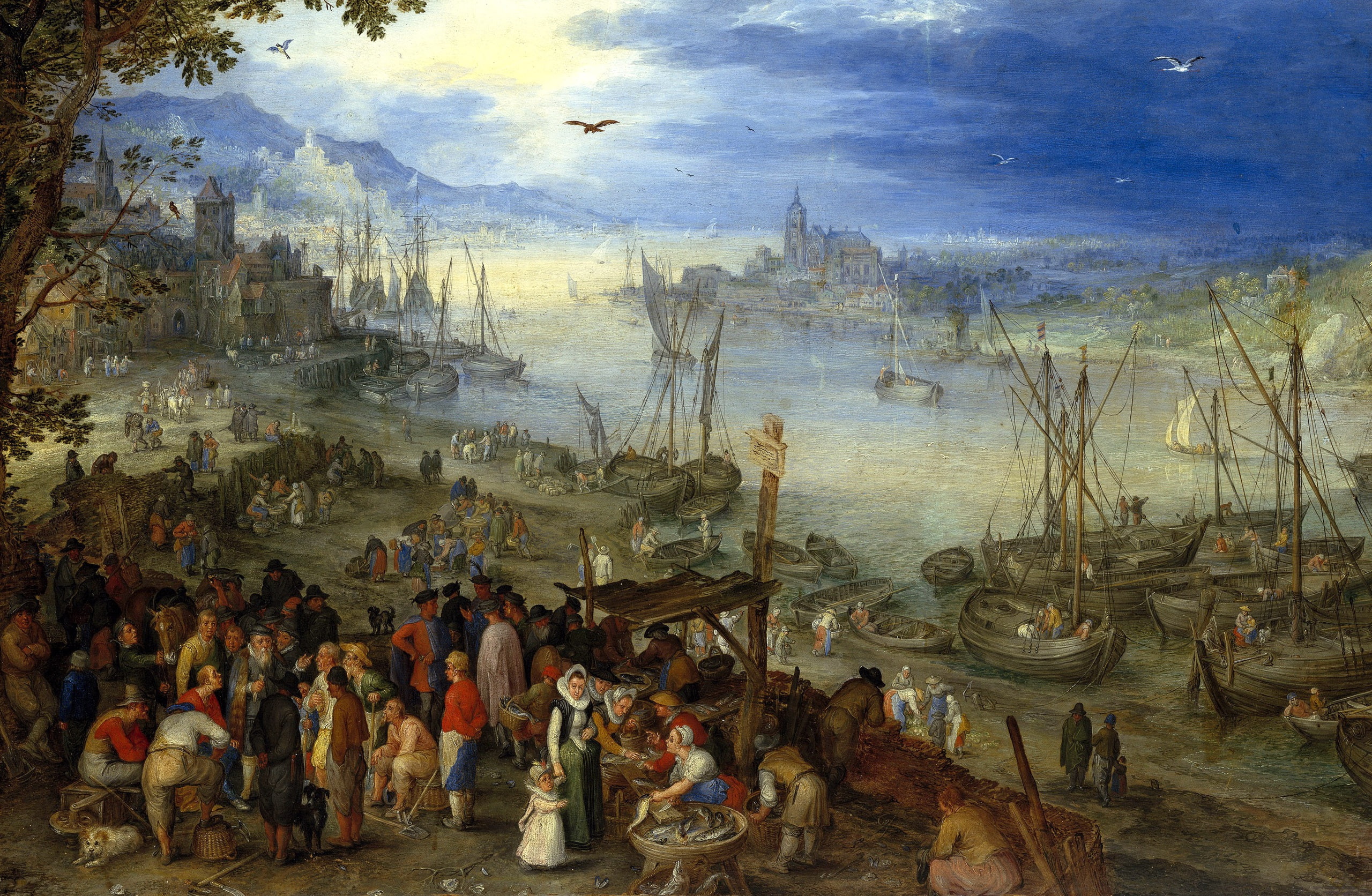 picture, Jan Brueghel the elder, Fish Market on the River, people, boats, landscape, 2K, HD Wallpaper