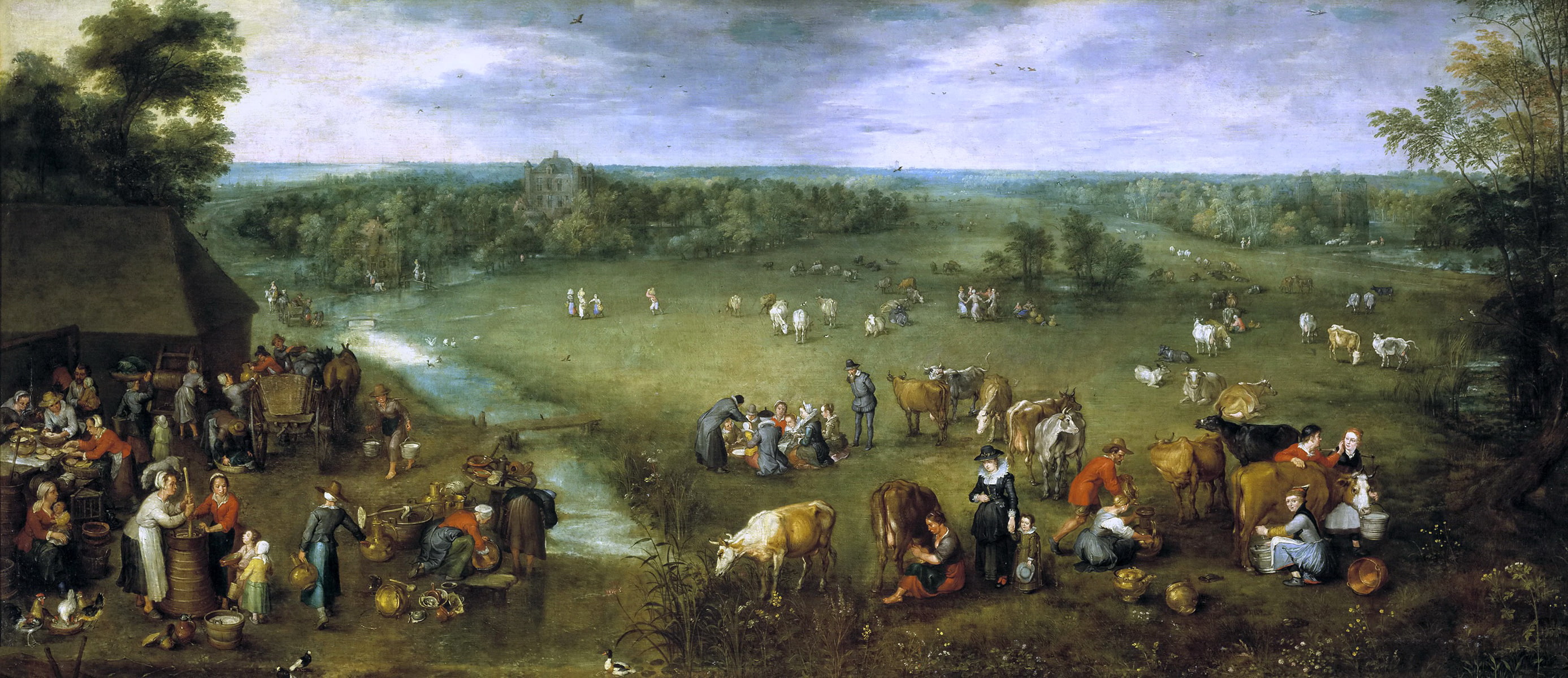 picture, animals, people, landscape, The Life Of A Flemish Village, Jan Brueghel the elder, 2K, house, stream, HD Wallpaper