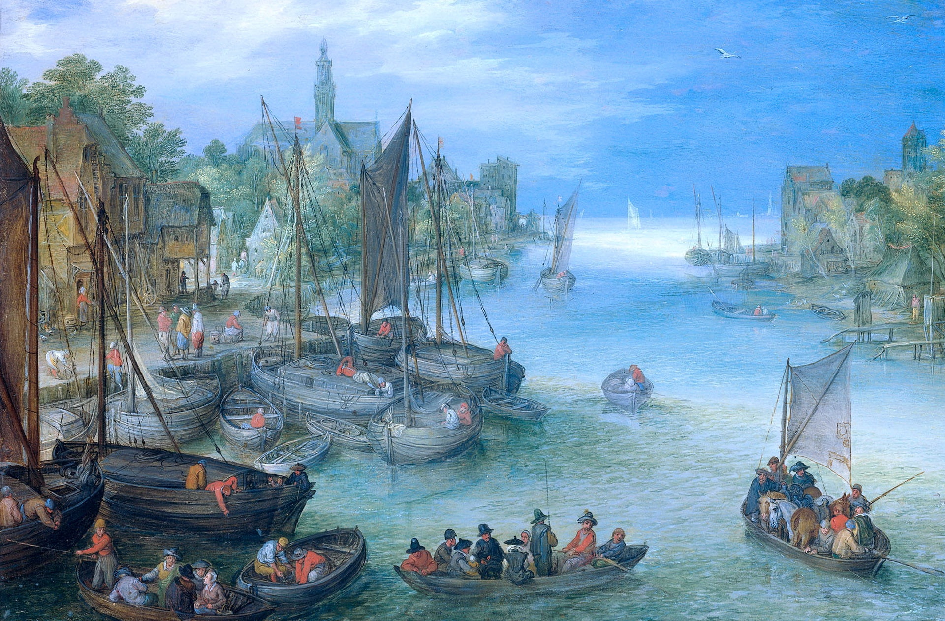 1080P, Jan Brueghel the elder, River Landscape, picture, boats, HD Wallpaper