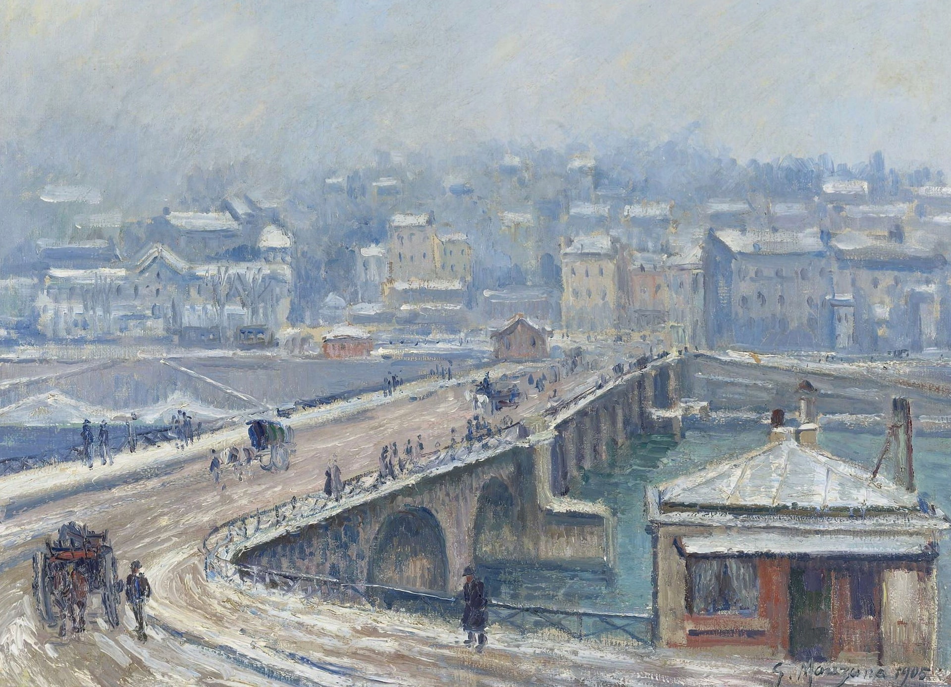 Georges Henri Manzana Pissarro, winter, 1080P, The bridge at Saint-cloud under the Snow, picture, the urban landscape, Georges-Henri Manzana-Pissarro, HD Wallpaper