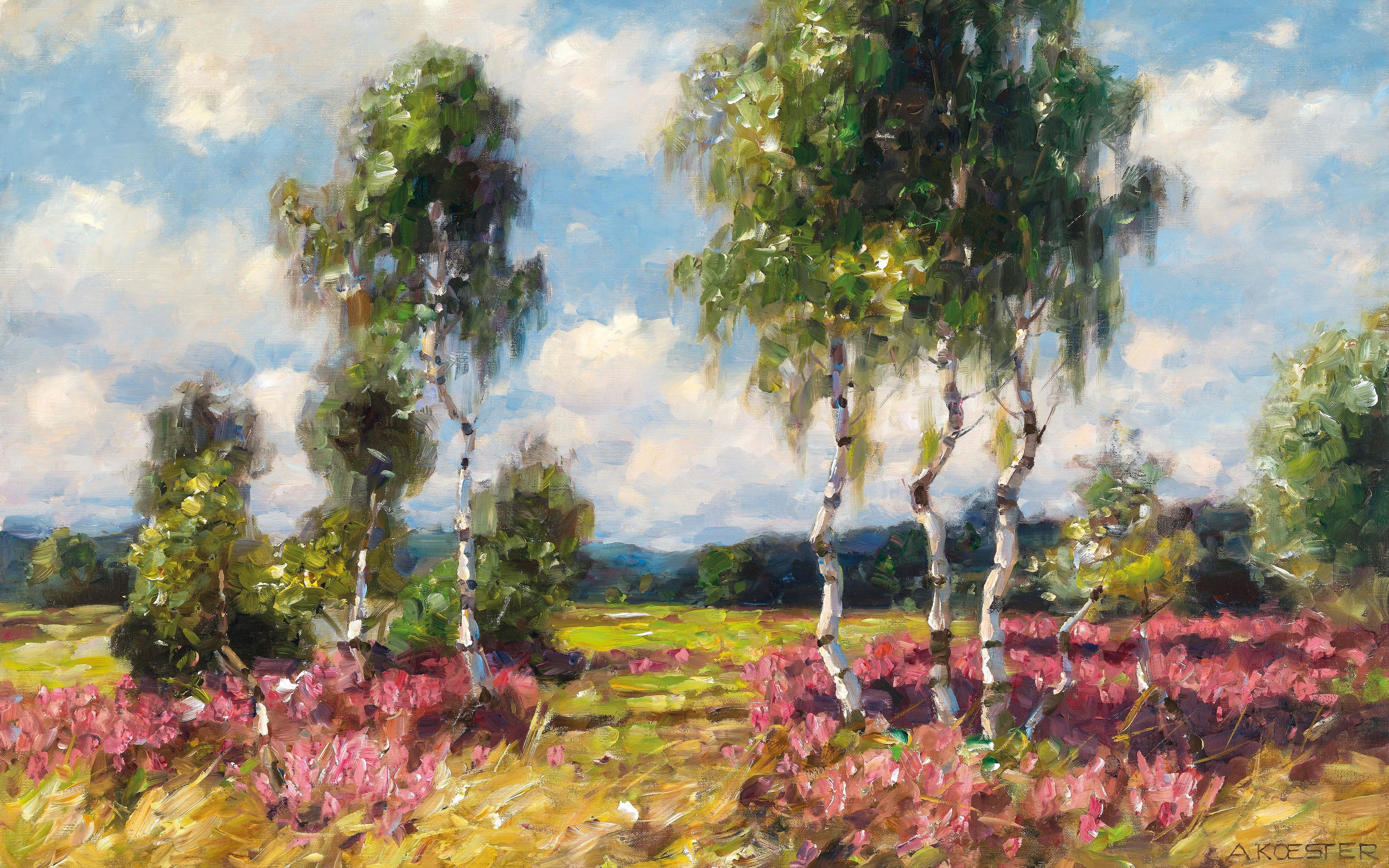 German painter, Alexander Max Koester, Alexander Koester, Birches in a heath landscape, 1908, 4K, Birch Heath, HD Wallpaper