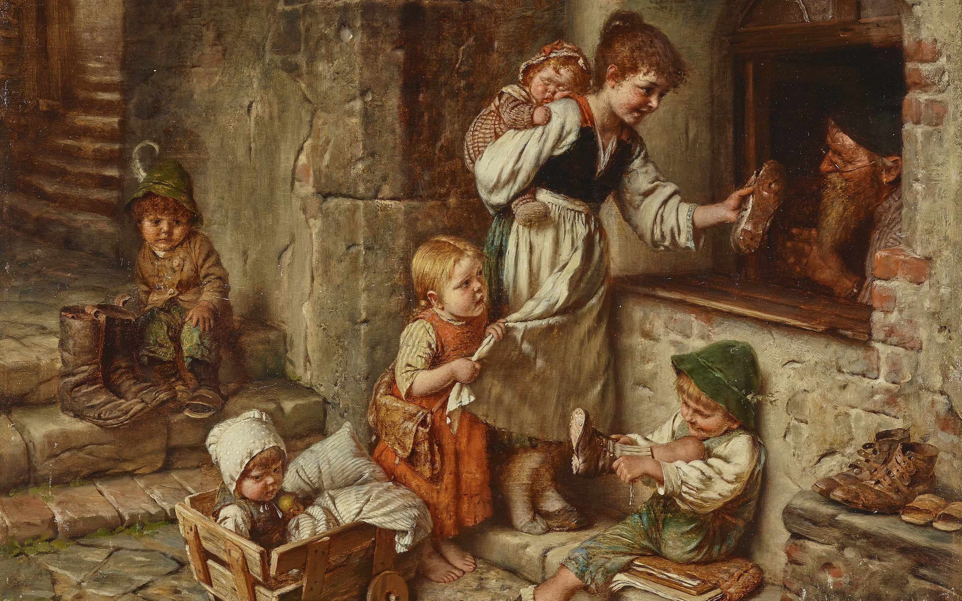 Scene with Village Cobbler, German painter, Munich School, The Munich school, Hermann von Kaulbach, The scene with the village cobbler, 2K, HD Wallpaper