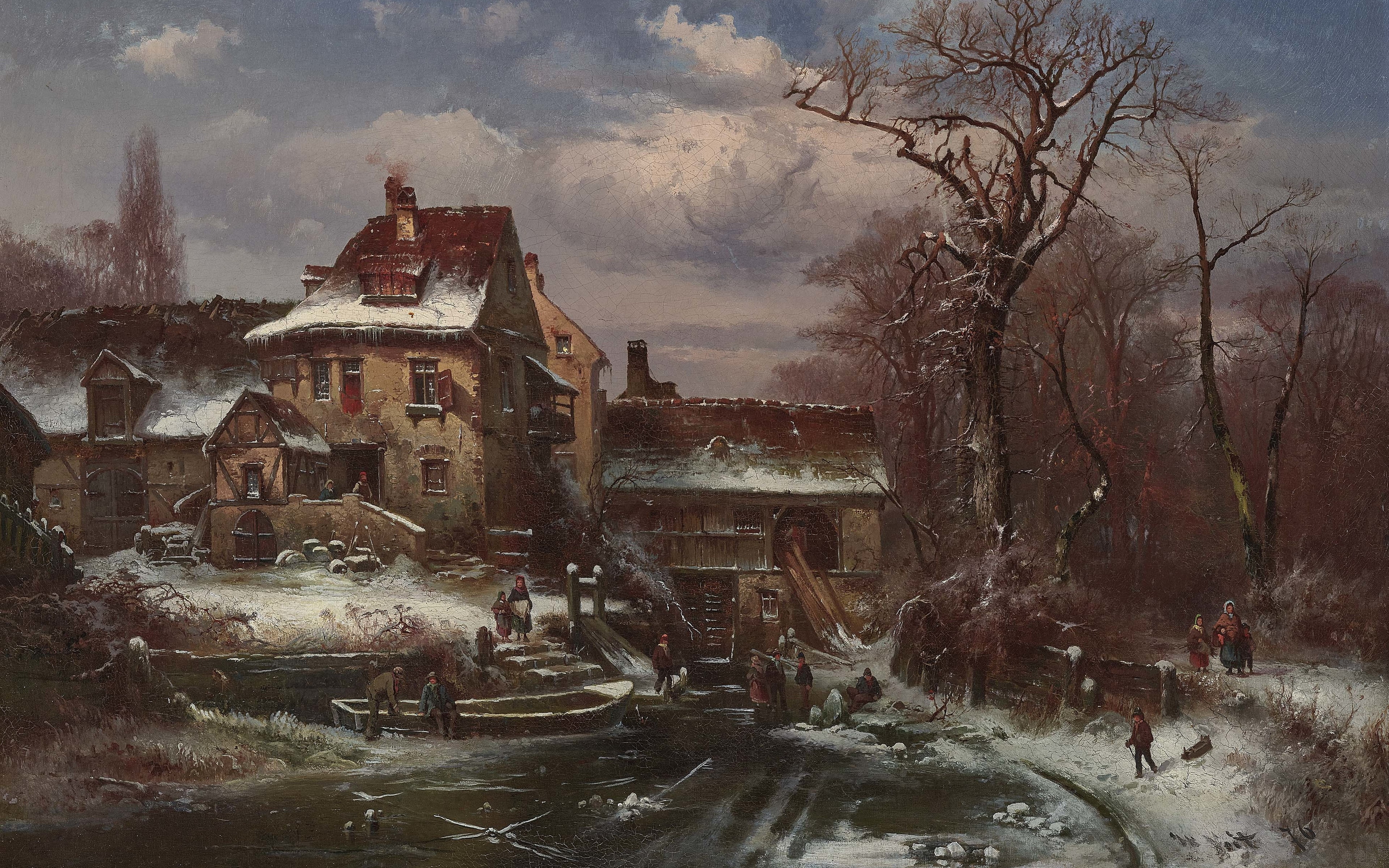 4K, 1876, oil on canvas, Hugo Veit, German painter, Winter landscape with farmstead and figured scenes, A Winter Landscape with Farmstead and Figure Scene, HD Wallpaper