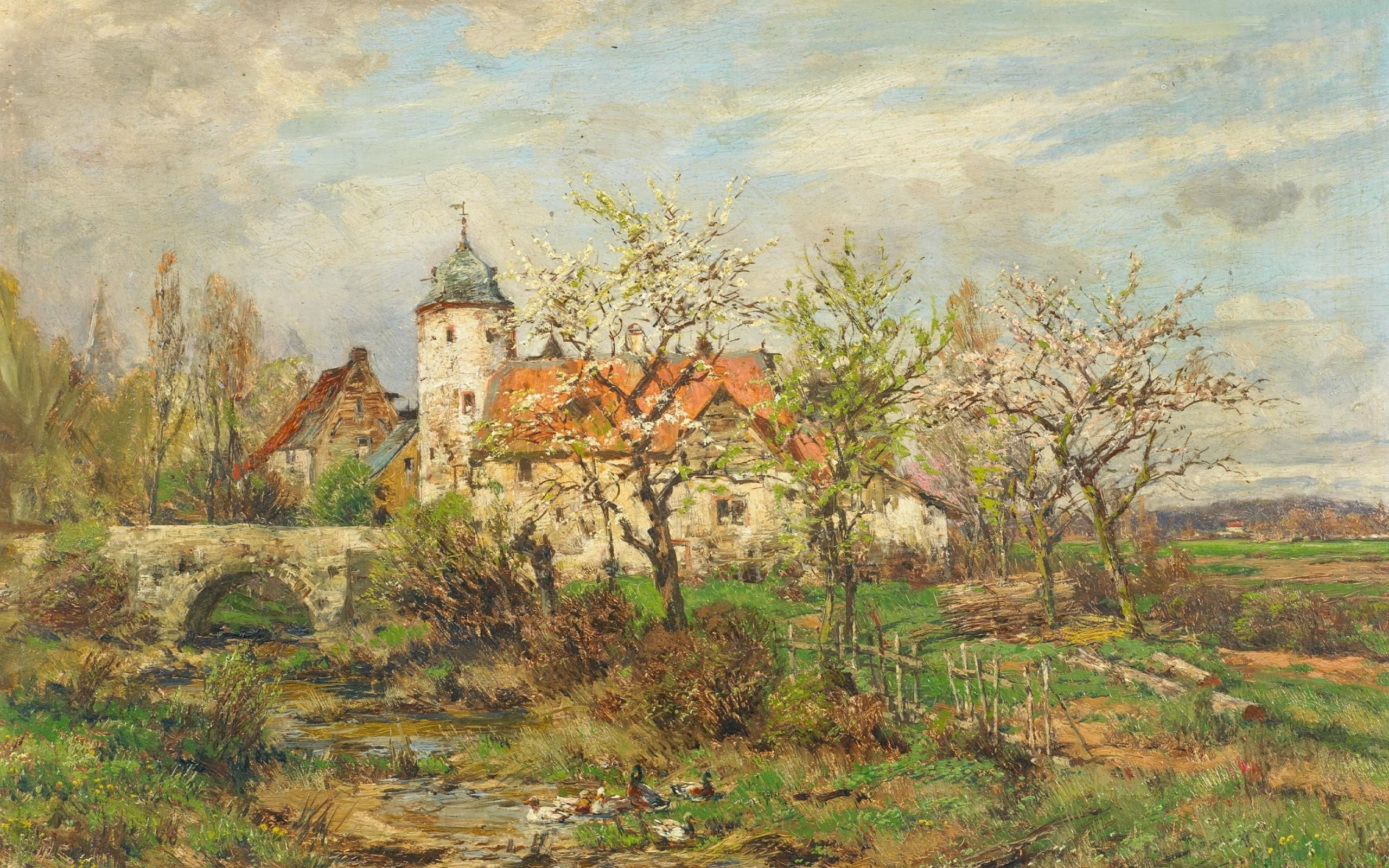 Henry Hartung III, Heinrich Hartung The Elder, Landscape with a village Church in spring, 2K, German painter, Landscape with village church in spring, HD Wallpaper
